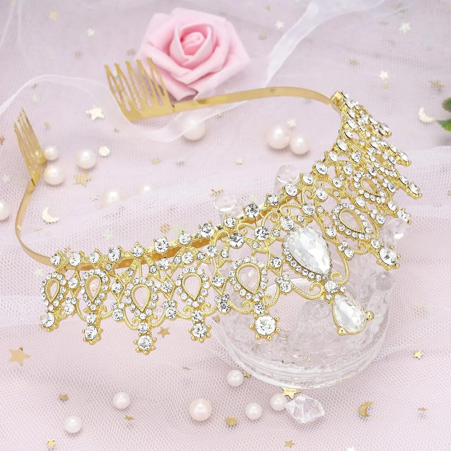 Shining Diva Fashion Crystal Tiara and Crown for Women Stylish Headband Crowns with Comb Tiaras for Girls Kids Queen Princess Wedding Bridal Birthday Gift Hair Accessories (Gold) (rrsd15872hb)