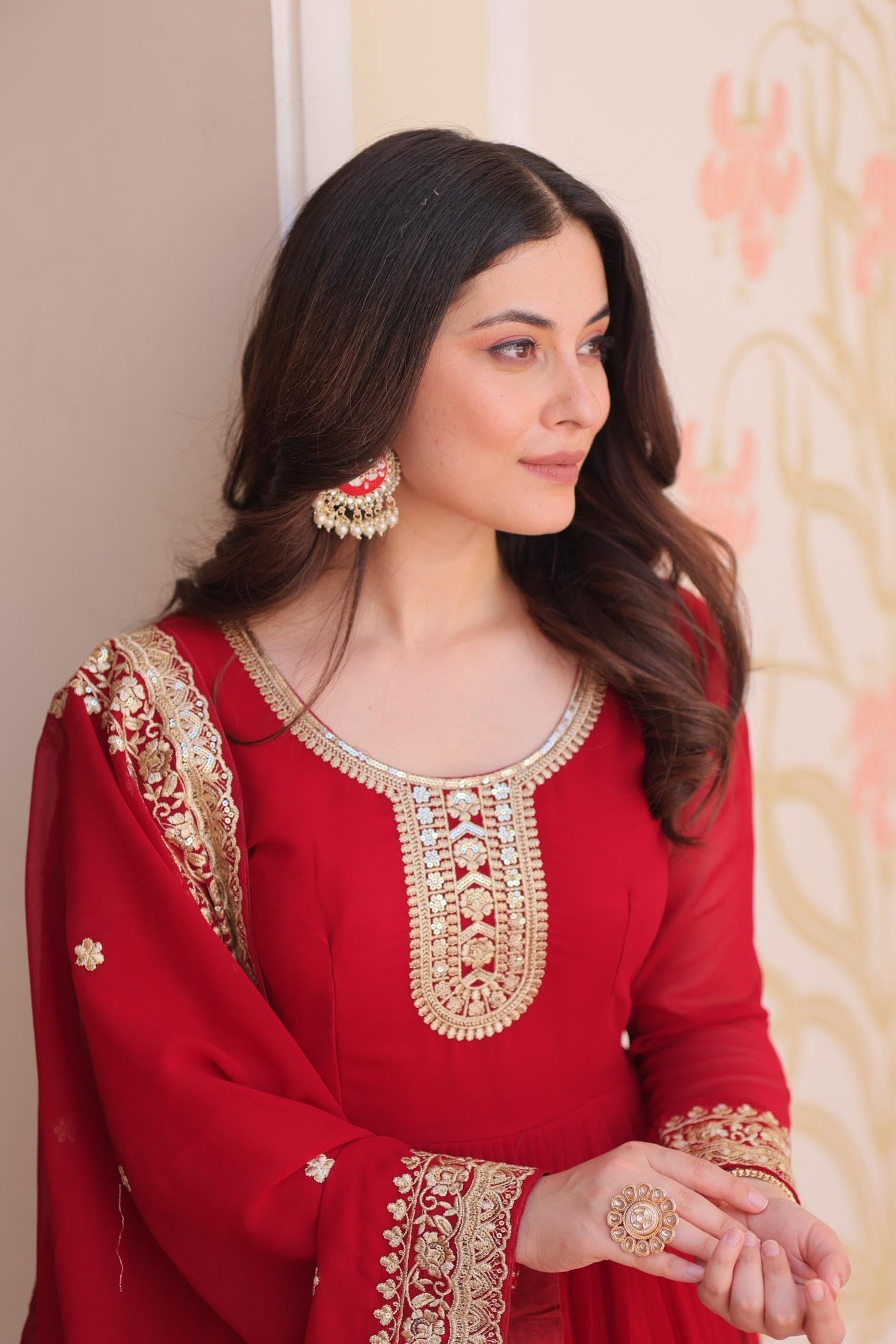 Mehervaa by vinni Red Anarkali Suit Set with Embroidered Dupatta, Long Sleeve Gown Style, Golden Zari Work, Traditional Indian Ethnic Wear (IN, Alpha, 2XL, Regular)