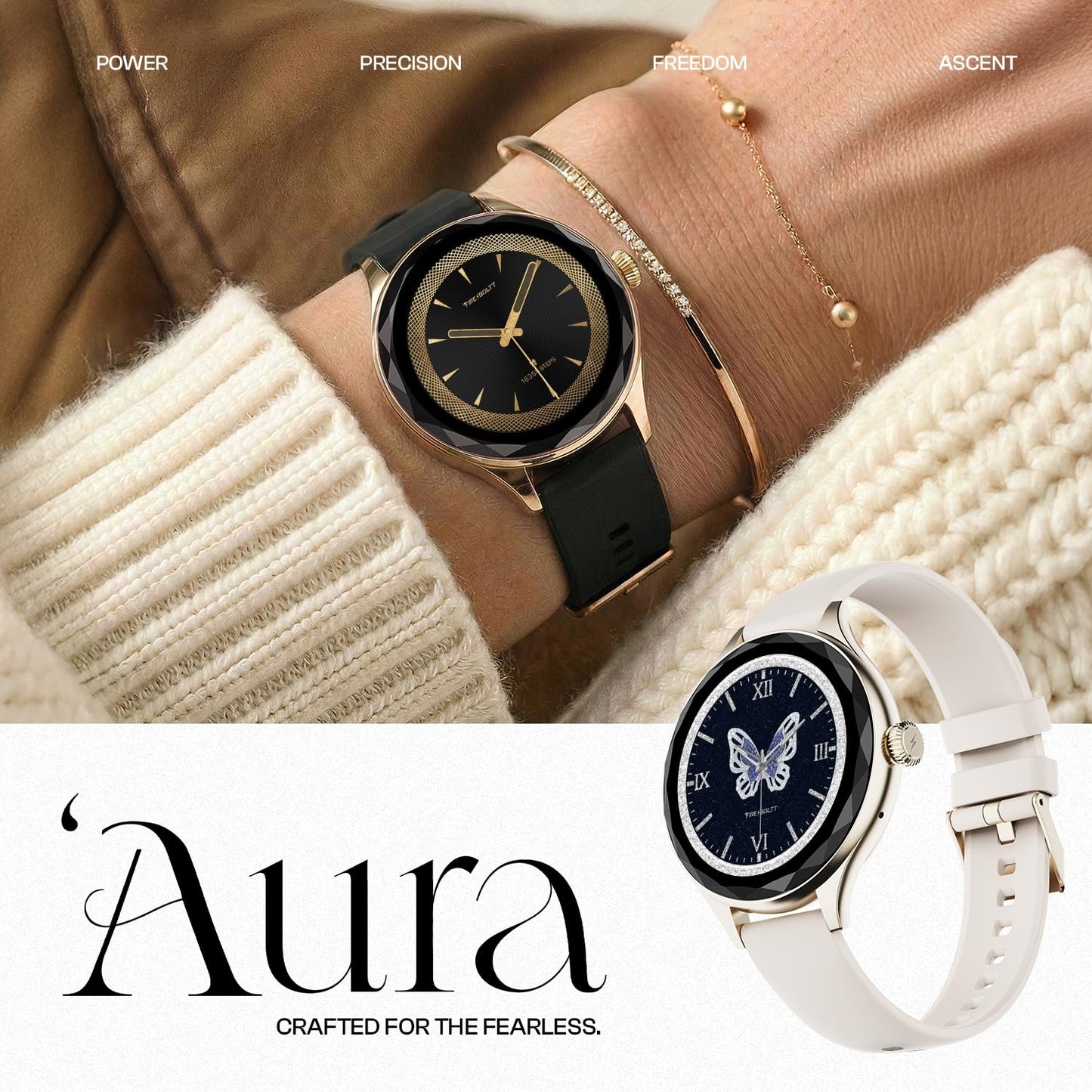 Fire-Boltt Phoenix Aura Women Smart Watch with 1.26” Diamond-Cut HD Display, Rotating Crown, Wireless Charging, Bluetooth Calling, Voice Assistant, 120+ Sports Modes - Ivory White