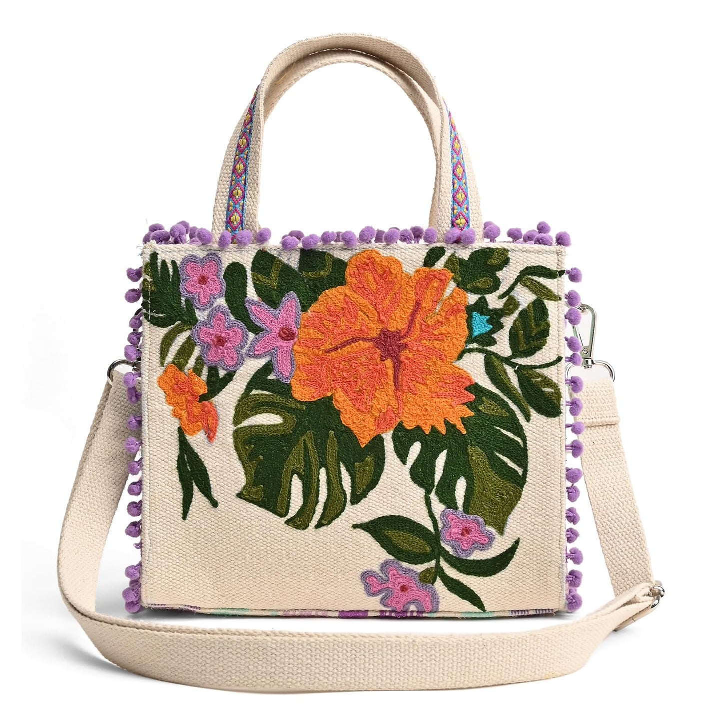 Boho Girl Lavender Blooms Embellished Jacquard Mini Tote for Women with Adjustable Strap | Ladies Purse Handbag | Wedding Gifts for Women | Birthday Gifts for Women | Handbag with Zip(BGB23-050)