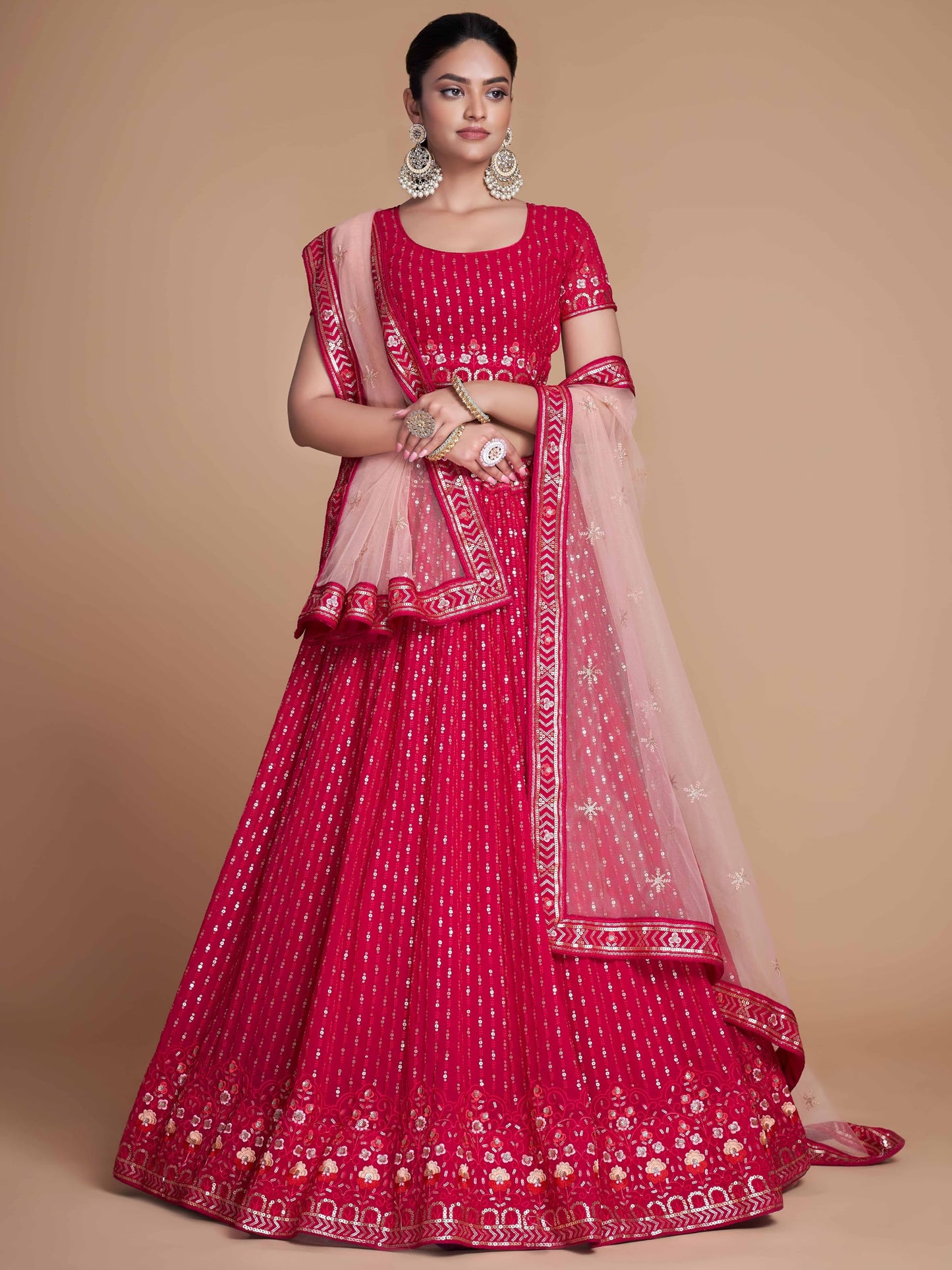 Zeel Clothing Women Sequins Thread Embroidered Georgette Semi-Stitched Lehenga Choli With Dupatta (6021-Pink-Wedding-Stylish-Latest; Free Size)