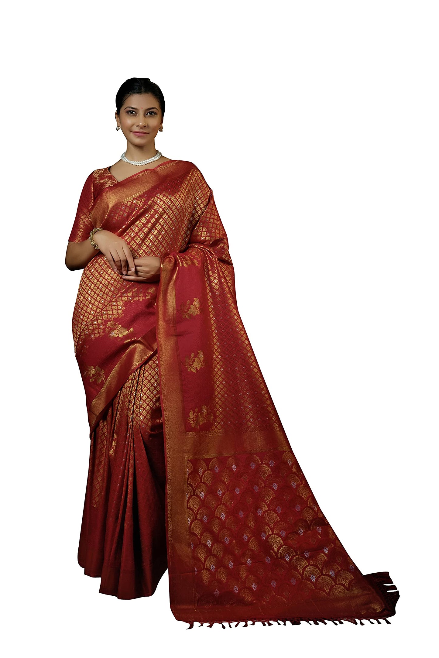 Vardha Women's Kanchipuram Art Silk Saree with Unstitched Blouse Piece - Zari Woven Work Sarees for Wedding (Anamika Silk, 399, Red)