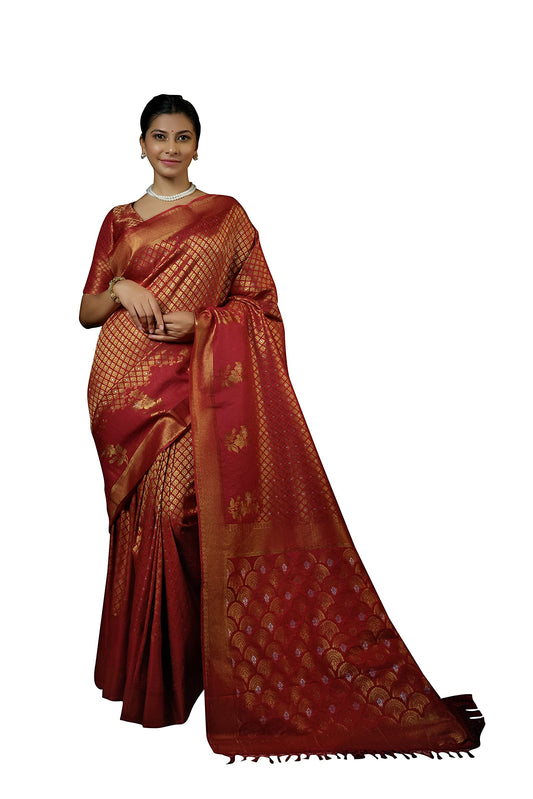 Vardha Women's Kanchipuram Art Silk Saree with Unstitched Blouse Piece - Zari Woven Work Sarees for Wedding (Anamika Silk, 399, Red)