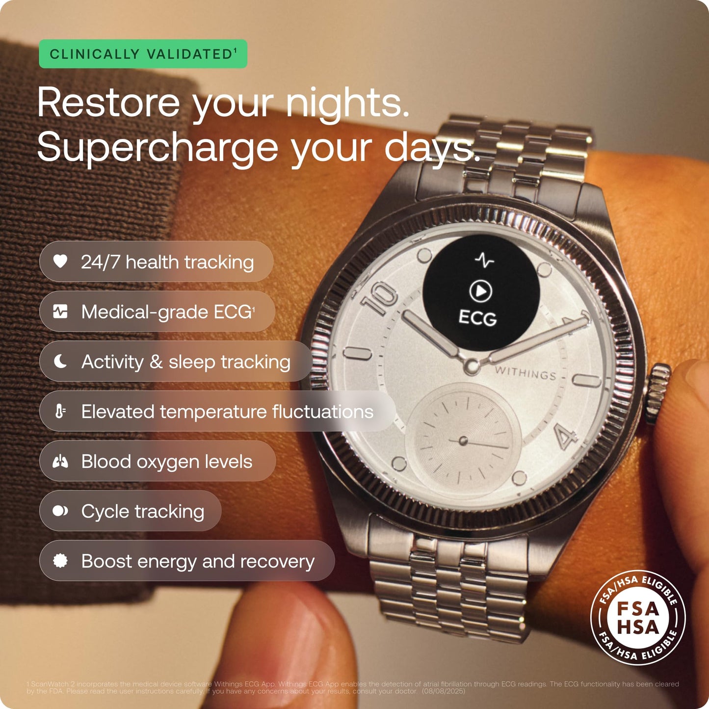 Withings ScanWatch Nova Brilliant, Heart Health Hybrid Unisex Smartwatch- ECG, SPO2, Temperature Monitoring, Sleep, Respiratory Health, Cycle Monitoring, 30-Day Battery Life, iOS & Android, Silver