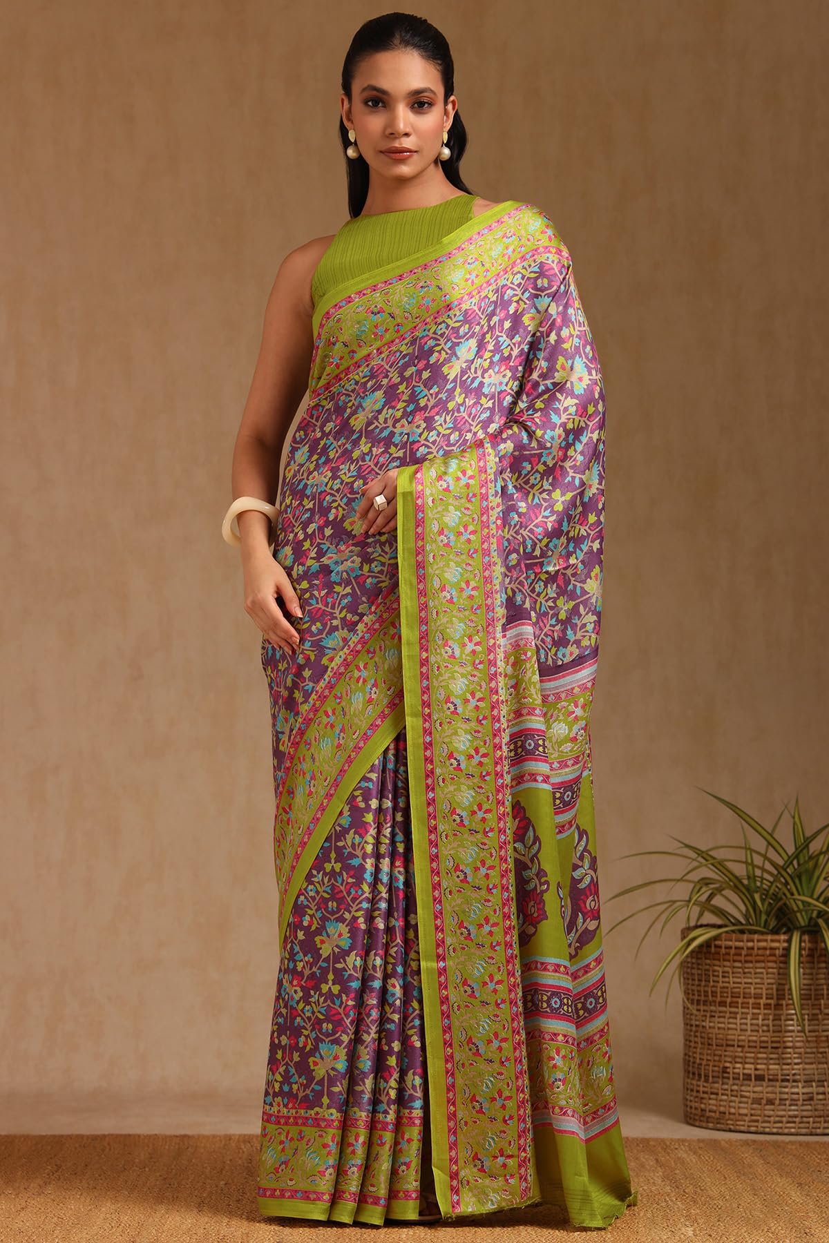 Soch Womens Purple Pashmina Floral Print Saree