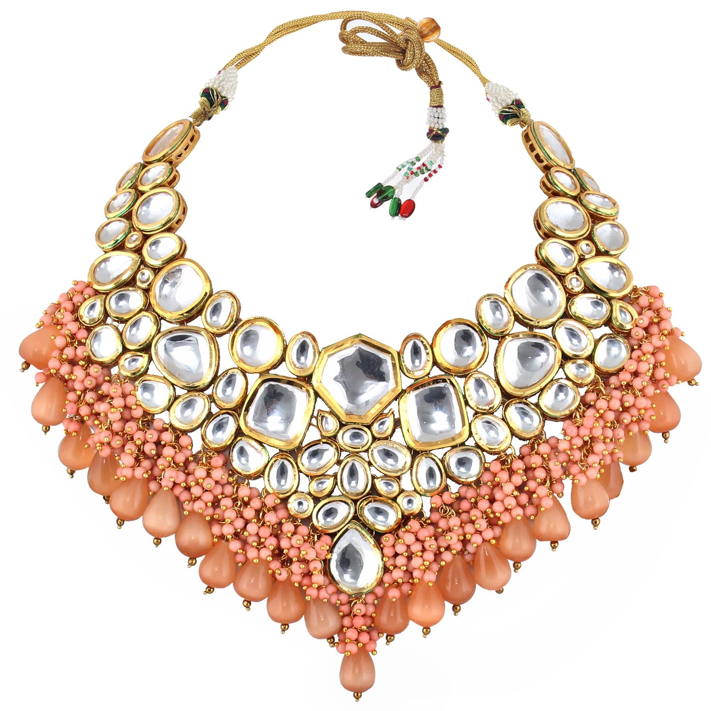 Lucky Jewellery 18K Gold Plated Peach Color Kundan Stone/Uncut Kundan/Dibbi Kundan/Meena Kundan/Lucknow Kundan with Monalisa Drop Bridal Set for Girls & Women (5910-M4SK-1574-PH)