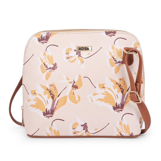 ADISA Women Girls Floral Print Faux Leather Sling Bag Crossbody (Off White)