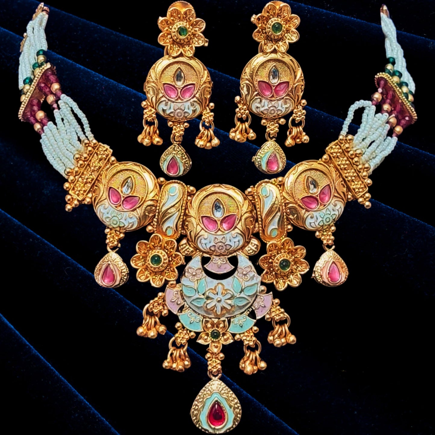 Achyut The Infalliable Women's Rajwadi Gold Plated Chik Necklace Set with Earrings - Rajwadi Floral Design Chokor Motimala Jewellery for Girls pink and green