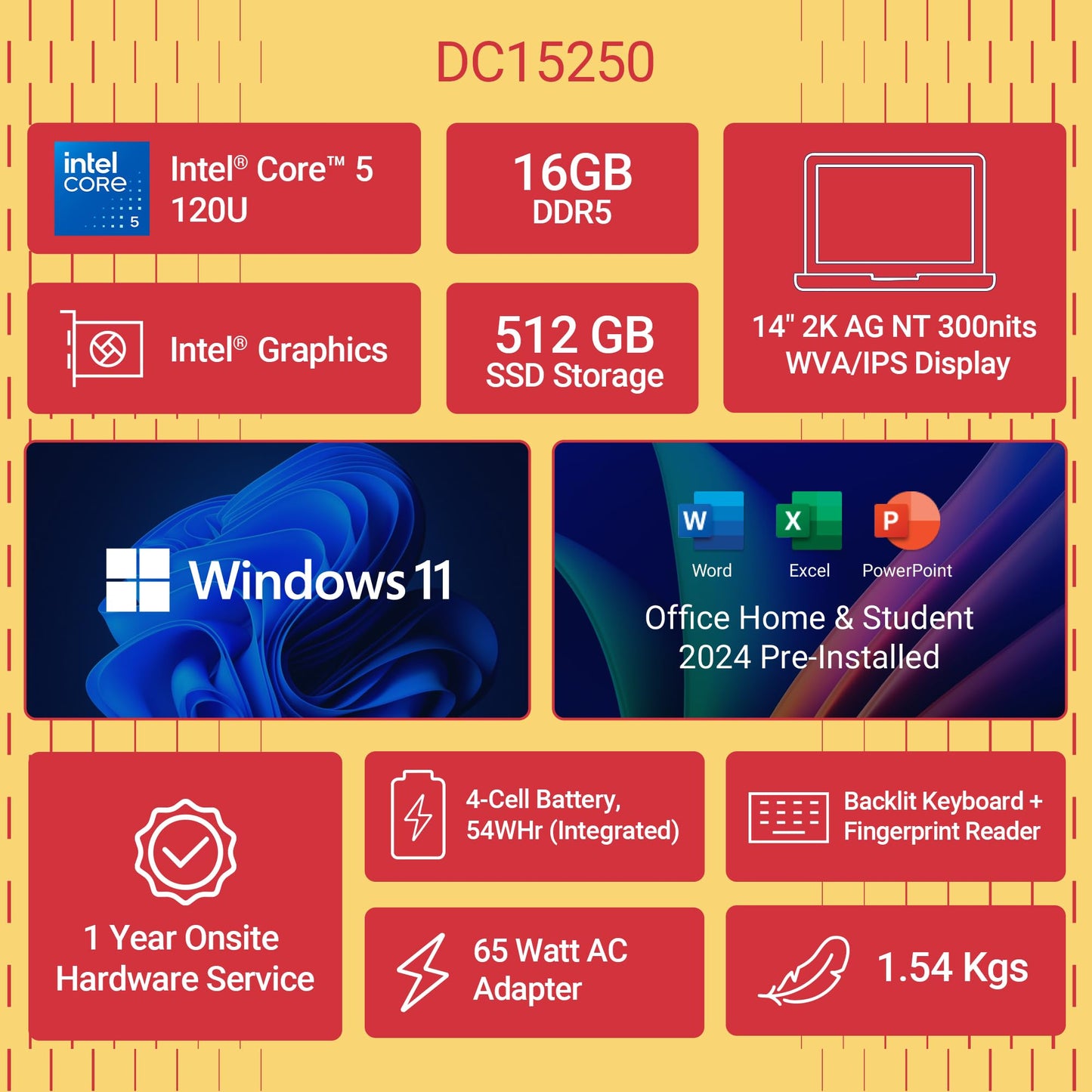 Dell 14, Intel 14th Generation Core 5, 16 GB:DDR4 RAM, 512GB, 2K 14"/35.56 300 Nits Non-Touch Display, Backlit Keyboard + FPR, Win 11, Office H&S 2024, Platinum Silver, 1.54Kg Thin & Light Laptop