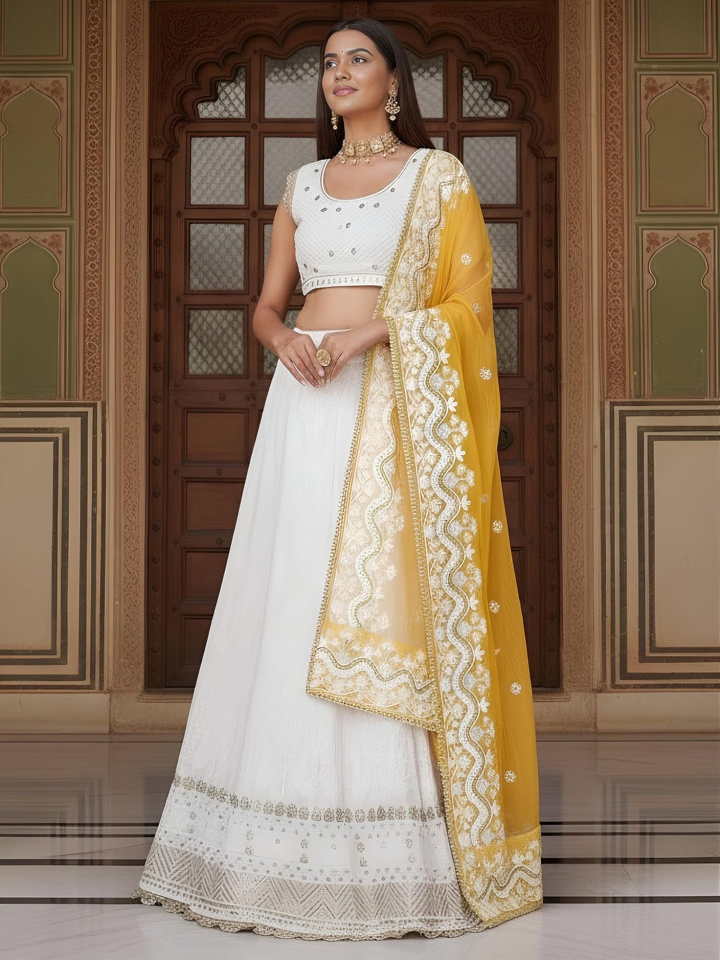 Zeel Clothing Women's Sequins Thread Embroidered Work Georgette Semi-Stitched Lehenga Choli With Dupatta (6018-White-Wedding-Lehenga-Choli, Free size) (White)