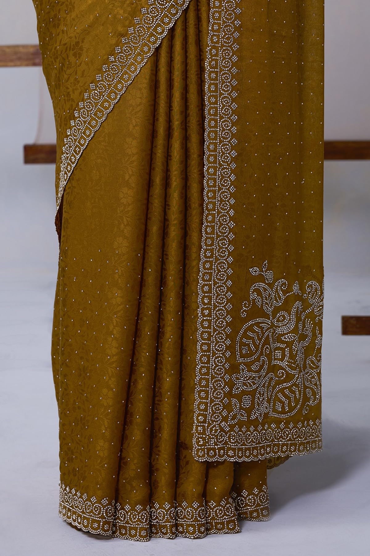 Soch Womens Mustard Fendy Georgette Woven Design Saree With Stone Work