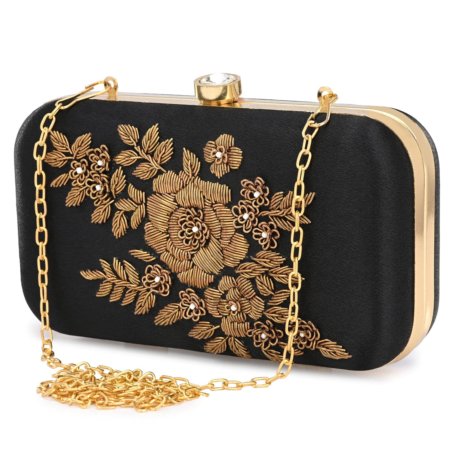 For The Beautiful You Black Embroidered Flower Women's Clutch