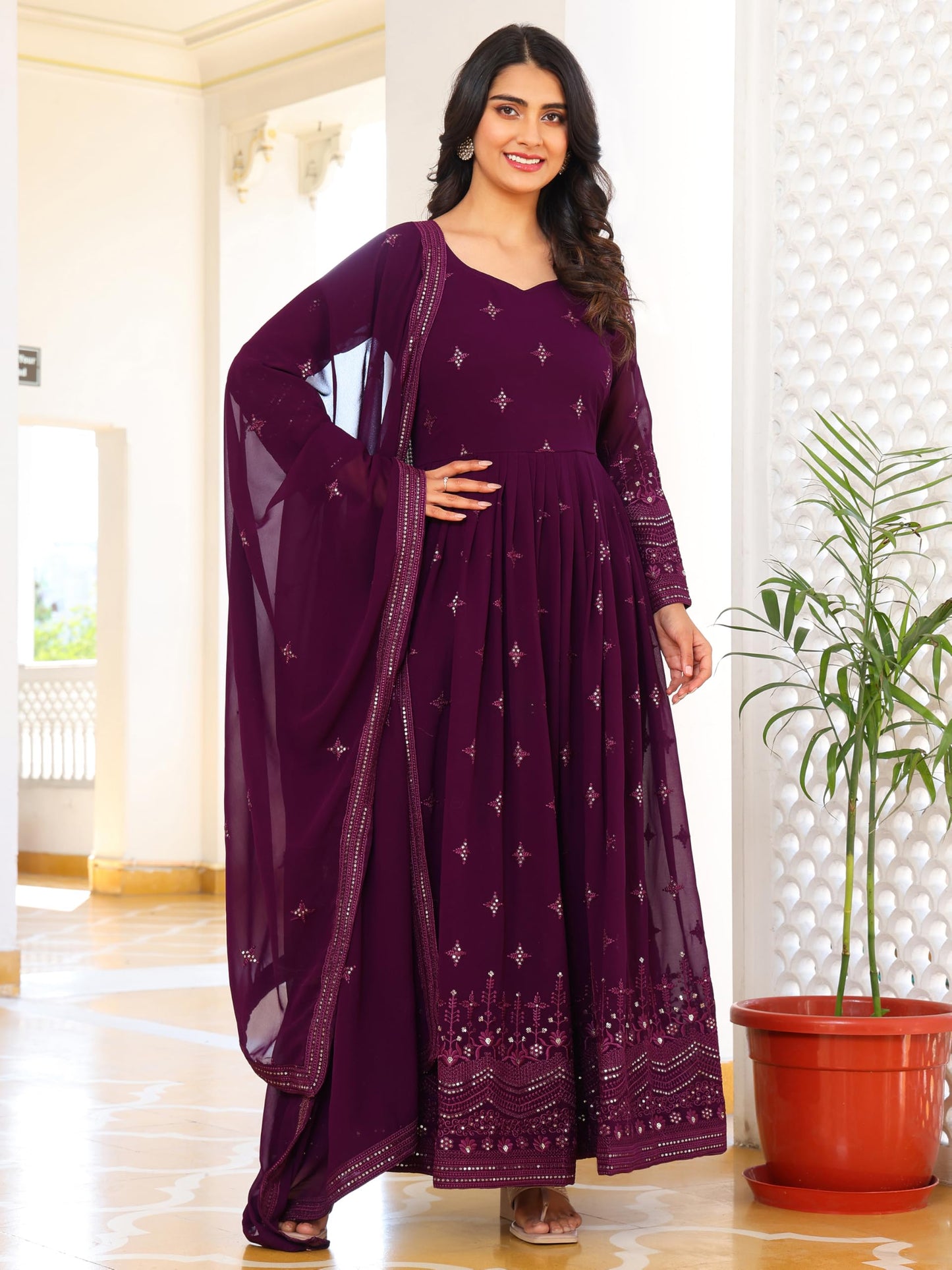 Fashion Basket Women's Georgette Anarkali Lond Dress with Duptta Purple