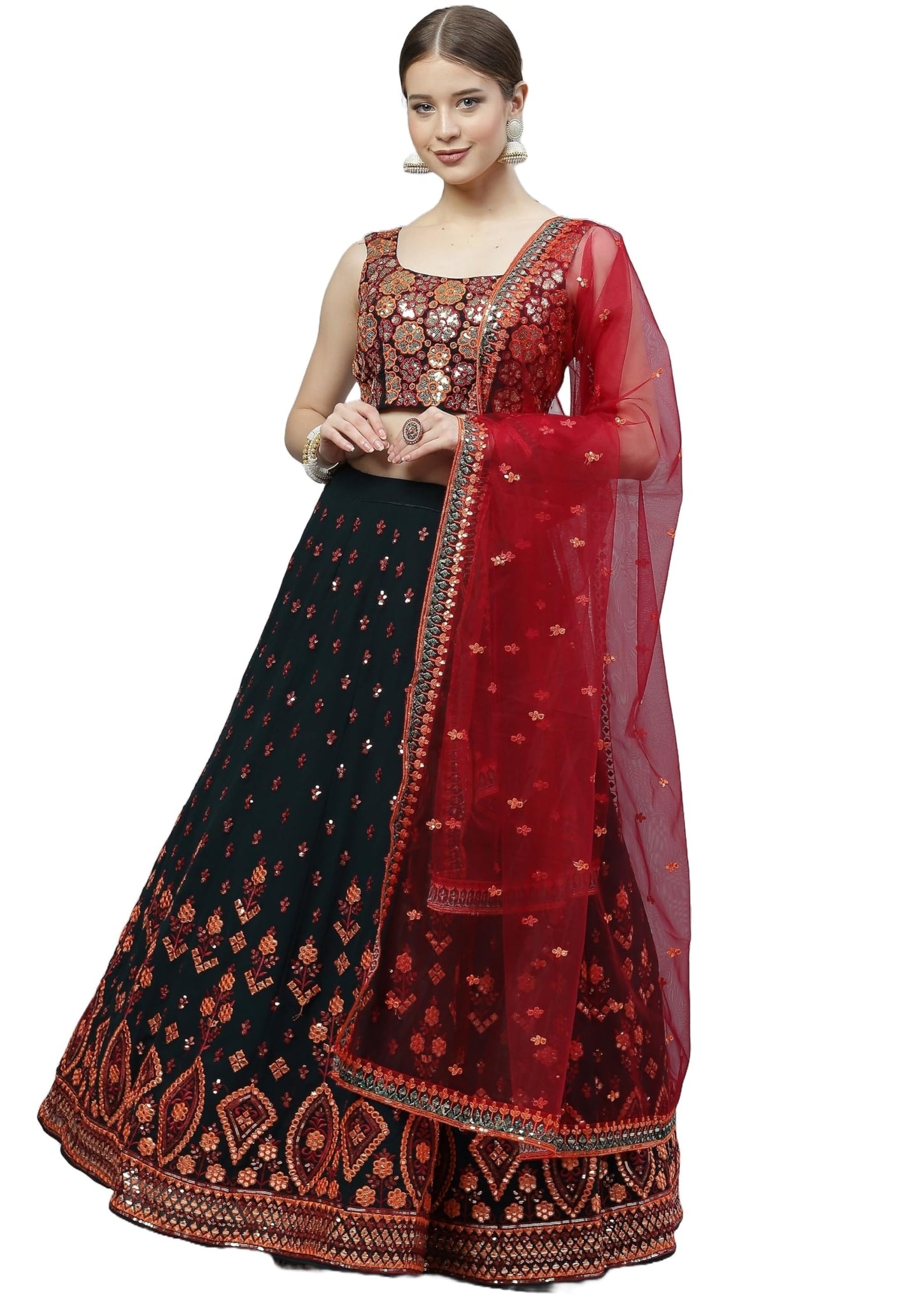 Divine Exim Women's Georgette Semi Stitched Lehenga Choli with Dupatta | Traditional, Wedding, Ethnic Wear Lehenga | Thread and Sequin Embroidery Pattern (Green)