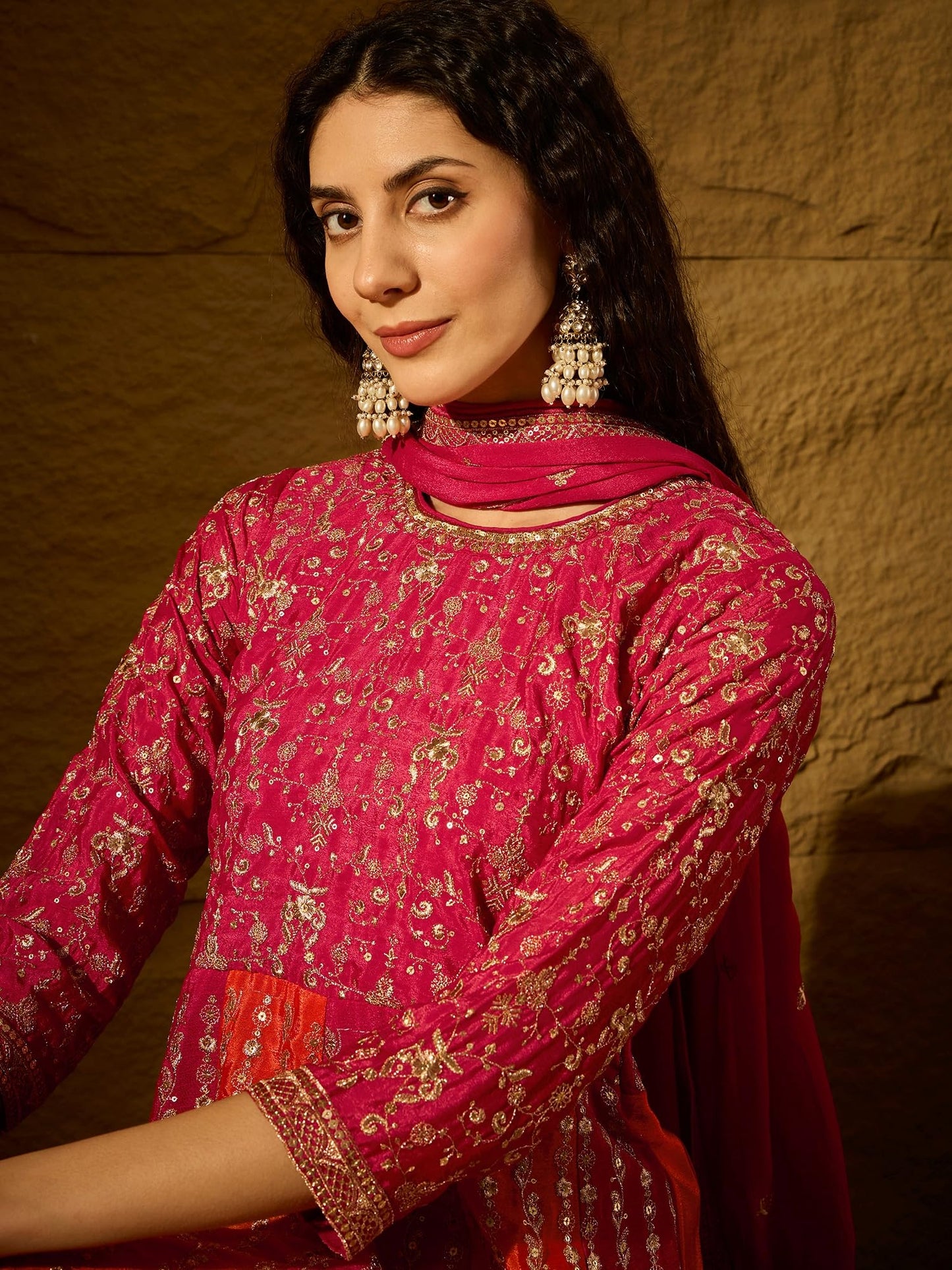 Miss Ethnik Women's Pink Chinon Stitched Gown With Dupatta 3/4 Sleeve Embroidered Anarkali Gown (MEY-1231-Pink-L)