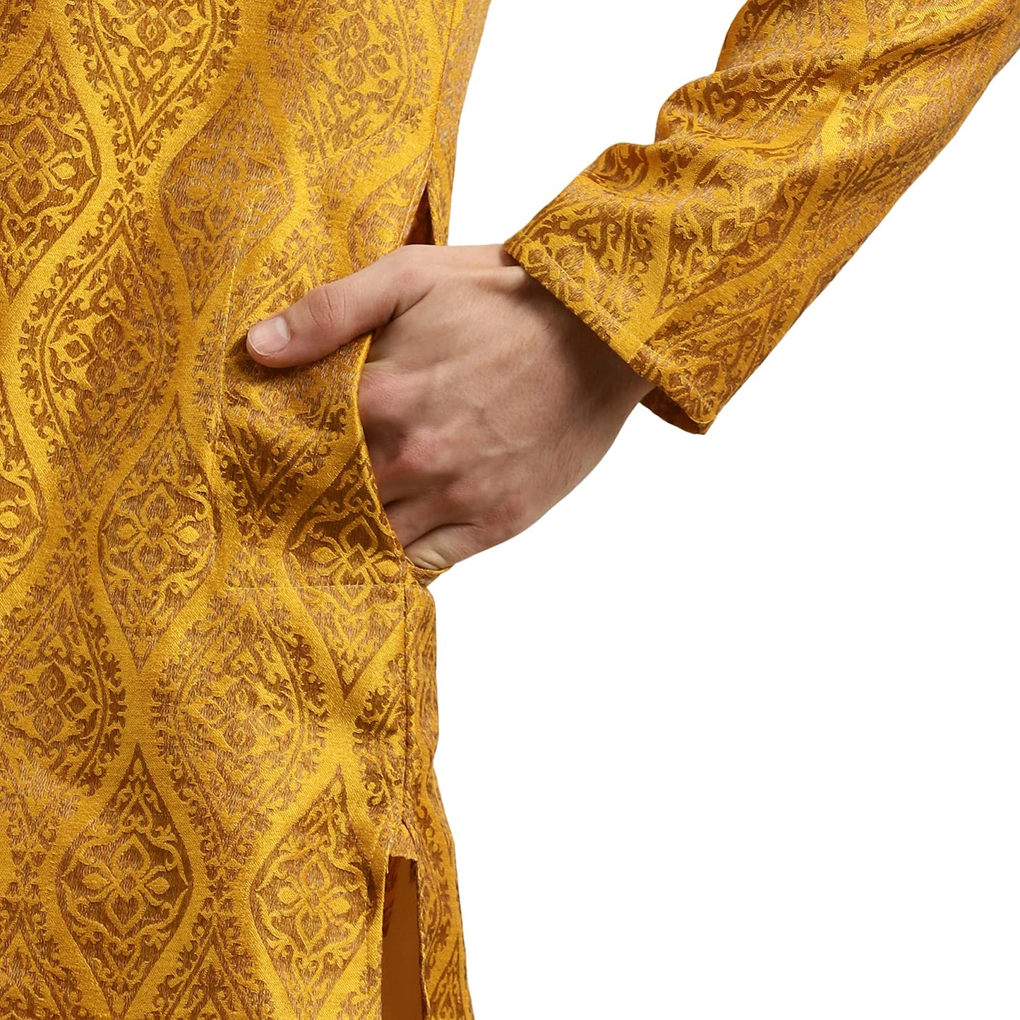 SOJANYA (Since 1958 Men's Jacquard Silk Mustard & Gold Kurta Size 38