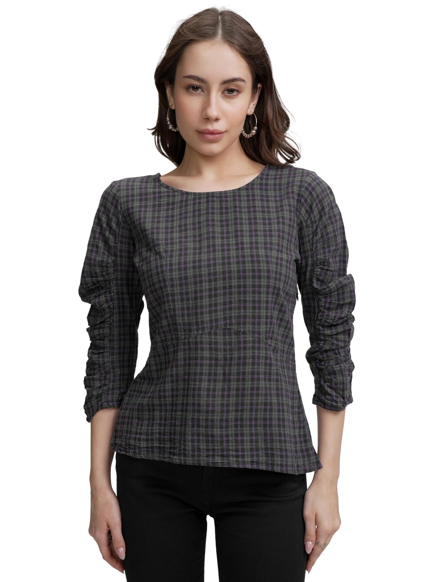 Tokyo Talkies Women's Checked Pure Cotton Styled Back Top | Boat Neck & 3/4 Sleeves | Comfortable & Stylish | Perfect for Casual Days | Tops for Woman | Women Tops | Stylish Top