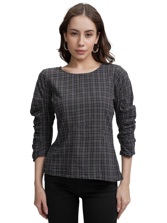 Tokyo Talkies Women's Checked Pure Cotton Styled Back Top | Boat Neck & 3/4 Sleeves | Comfortable & Stylish | Perfect for Casual Days | Tops for Woman | Women Tops | Stylish Top