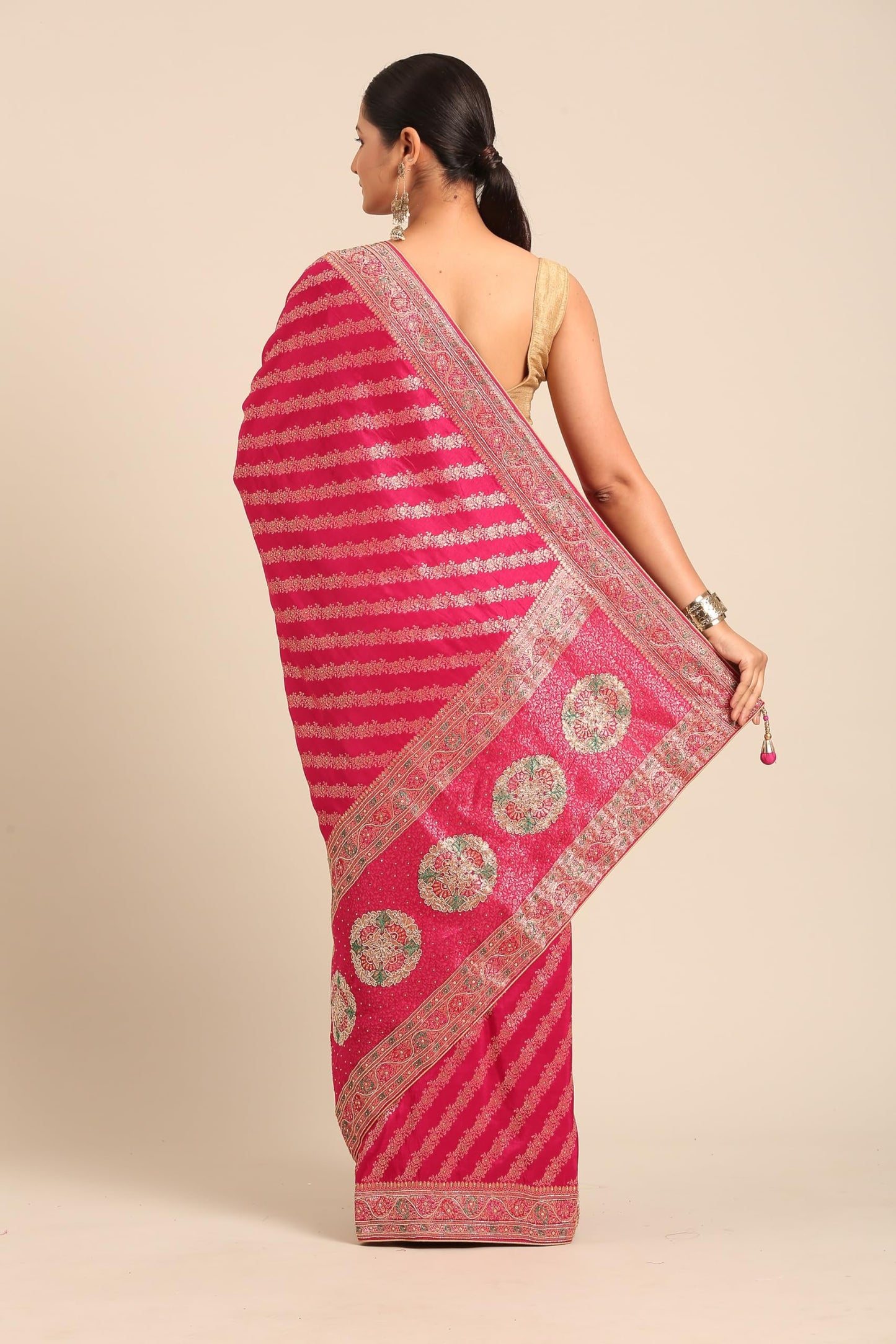 MOHEY Women's Art Silk Hand Embroidered|Bel Buti Patterned Saree (Rani)