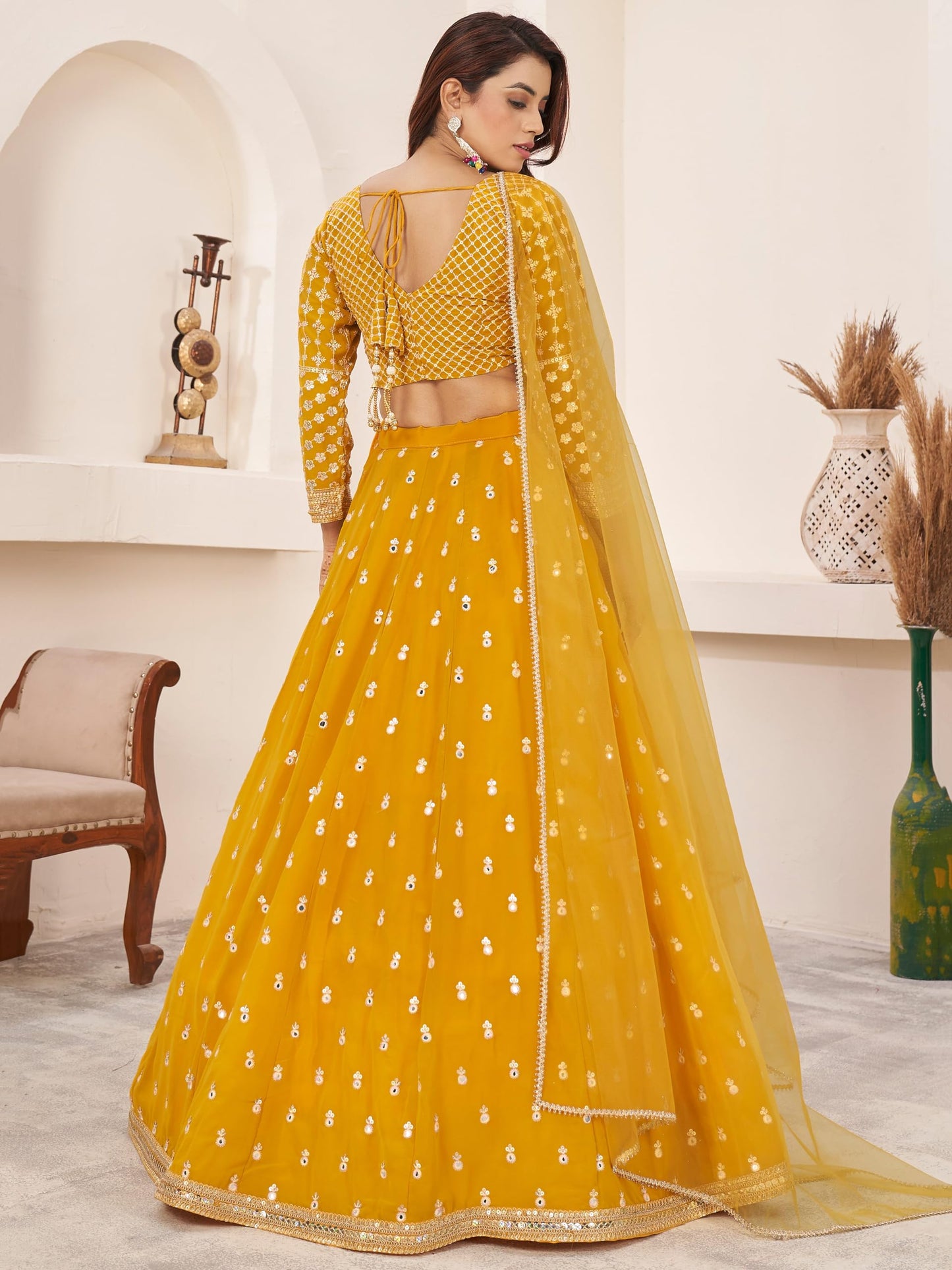 Zeel Clothing Women's Sequins Embroidered Georgette New Lehenga Choli with Dupatta (5071-Yellow-Wedding-Lehenga-Choli-Latest; Free Size)