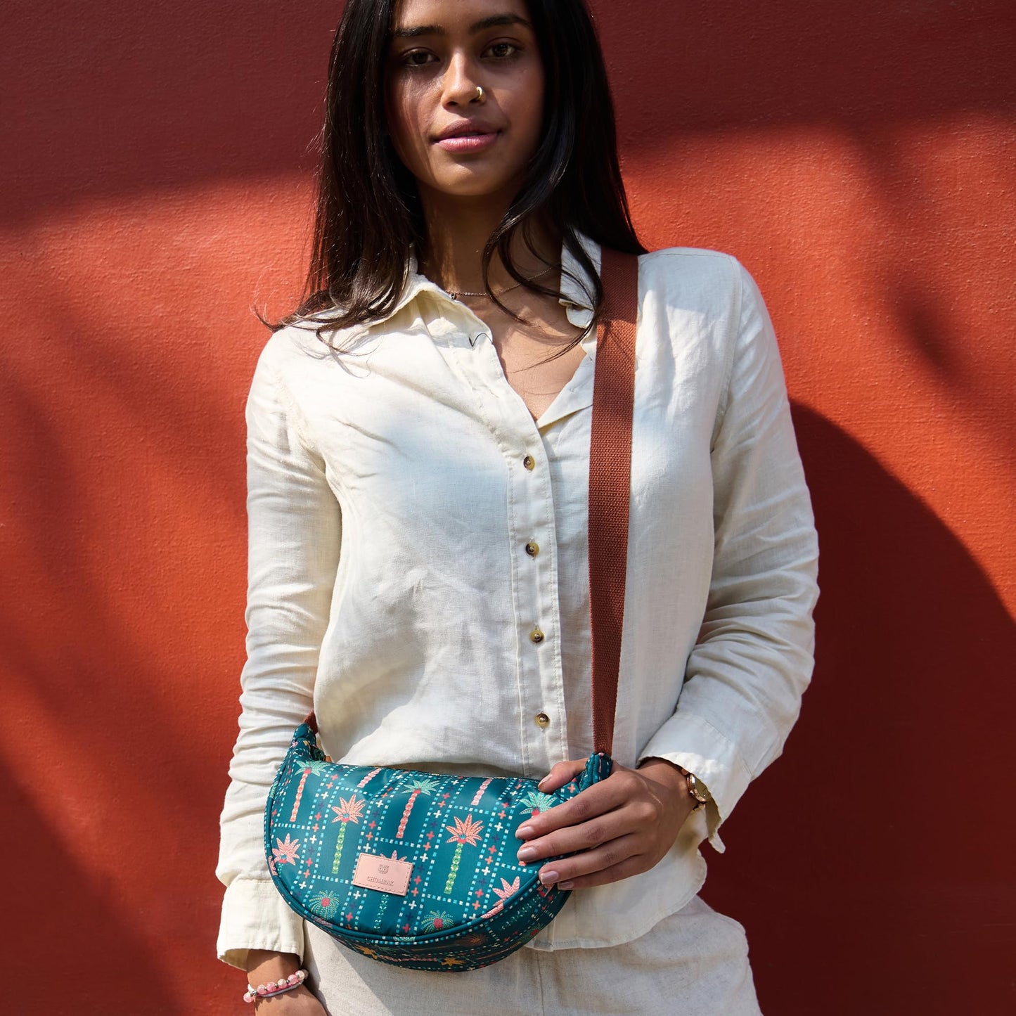 Chumbak Trippy Shoulder Bag - Palms, Digital Nomad, Fanny Bag for Women and Girls, Crossbody Purse Bag, Adjustable Strap, Mini Makeup Pouch