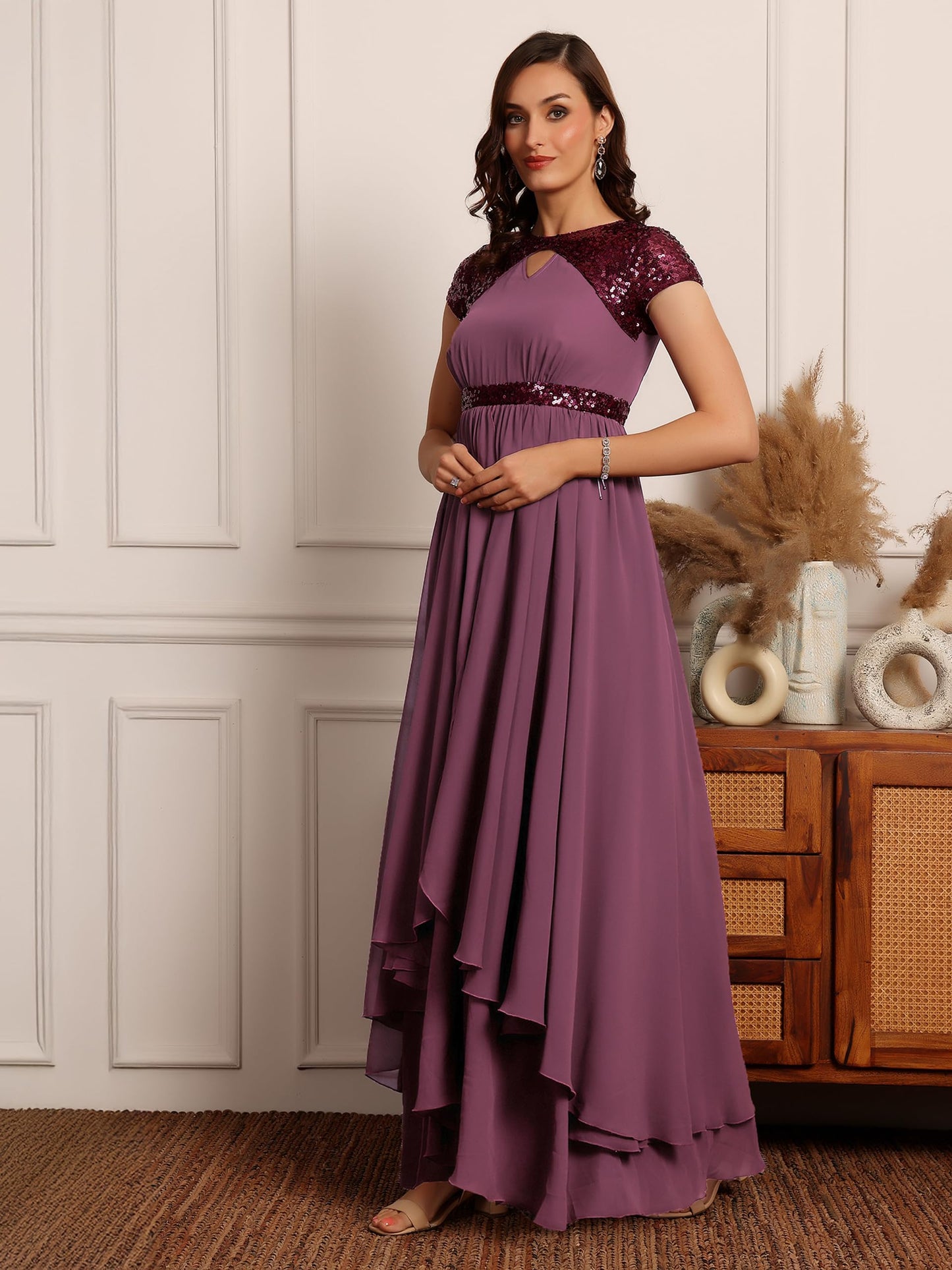 Miss Chase Womens Keyhole Short Sleeve Embellished Layered Georgette Maxi Dress (MCSS23D06-67-271-04, Mauve, M)