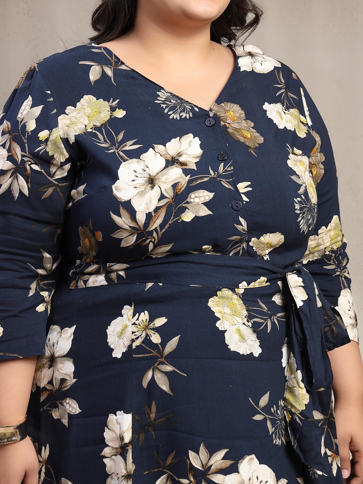 Women Plus Size Floral Print Puff Sleeve Maxi Dress (LDR20244-BLUEBEIGEFLORAL-7XL)