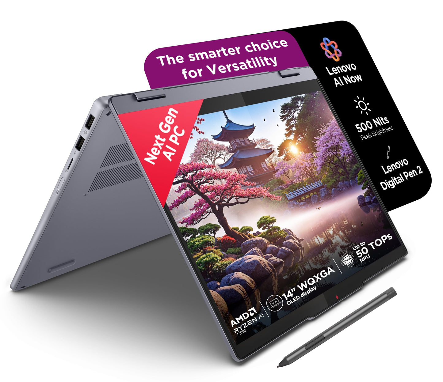 Lenovo IdeaPad 5 2-in-1 AMD Ryzen AI 7 350 (24GB RAM/1TB SSD/14 (35.5cm)/WUXGA OLED/Windows 11 AI Now/Copilot+PC/Office Home 2024/Digital Pen 2/Grey/1.5Kg), 83KT000LIN Convertible Laptop
