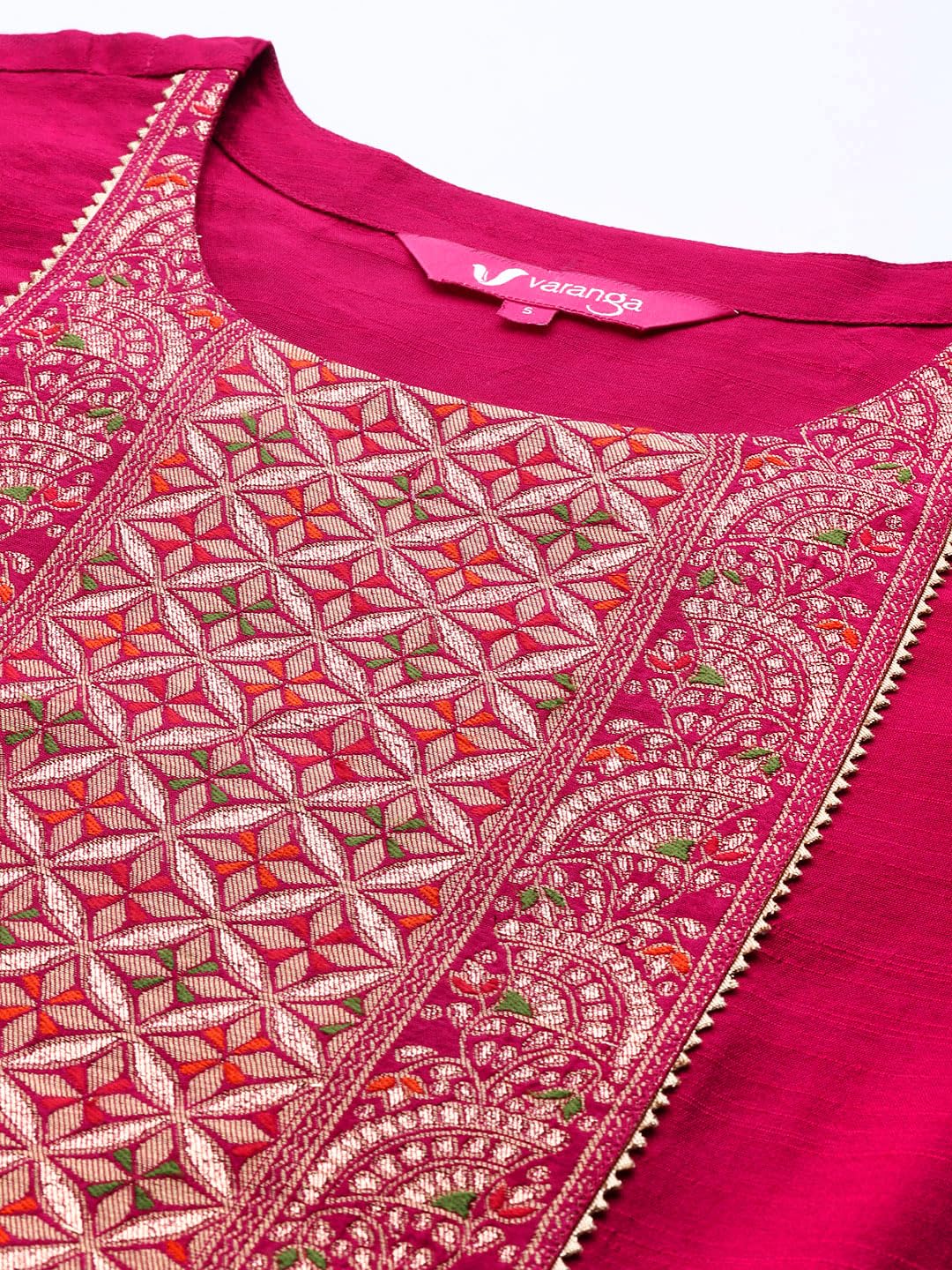 Varanga Magenta Silk Kurta Set for Women – Elegant Woven Yoke, Gota Embellishment, Elasticated Trouser, Side Slits – Stylish & Comfortable Ethnic Wear (Extra Large)