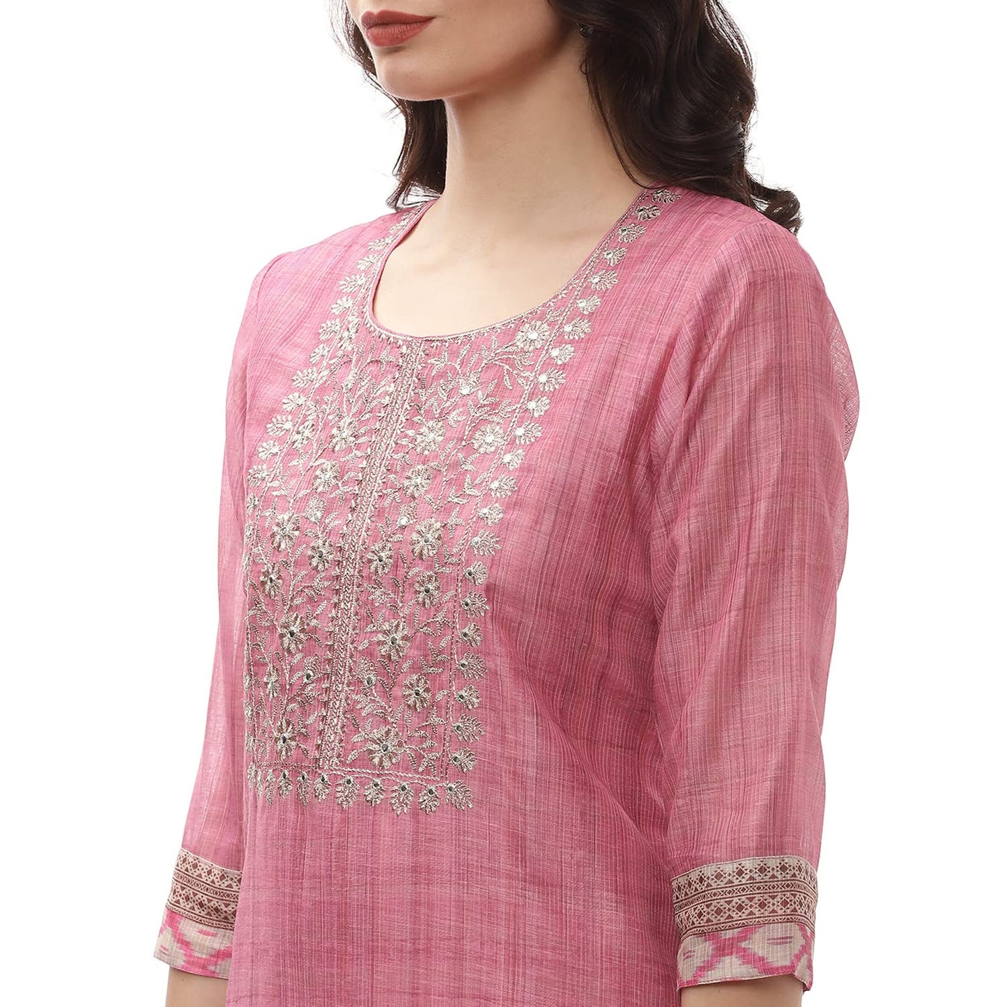 BIBA Women's Pink Chanderi Hand Embroidered Unstitched Suit Set