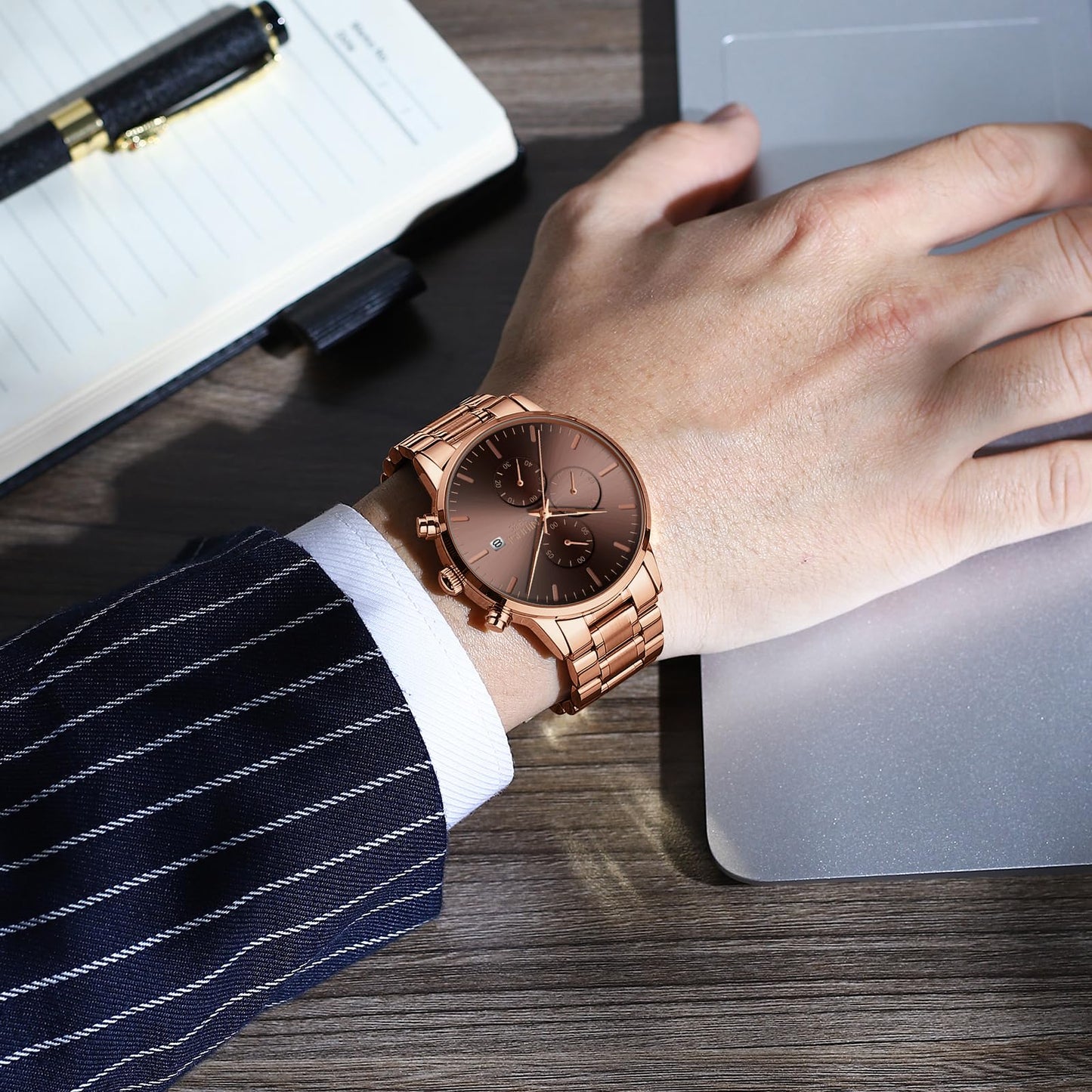 NIBOSI Men's Watches Analog Minimalist Black Dial Watches for Men Business Chronograph Casual Stainless Steel Strap Date (Rose Brown)