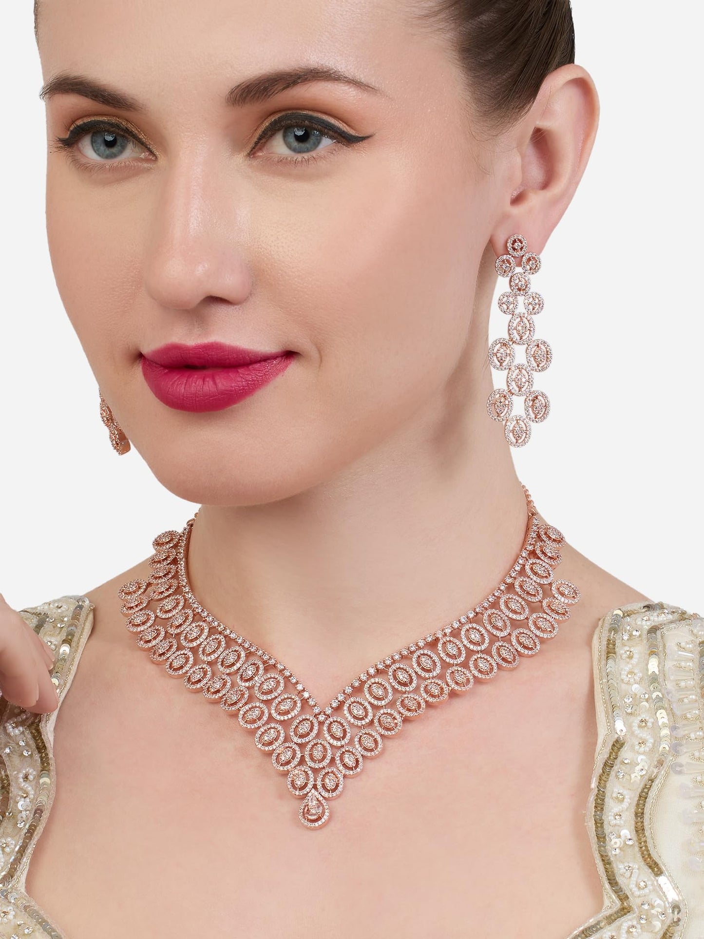 ZAVERI PEARLS Rose Gold Cubic Zirconia Contemporary Brass Necklace & Earring Set For Women-ZPFK21107