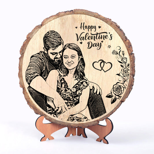 Personalized Engraved Natural Wooden Slice Photo Frame With Wood Stand for Valentine's Day, Valentine Gift for Girlfriend Boyfriend Husband Wife-Valentine Day (8 Inches, Brown, Tabletop)