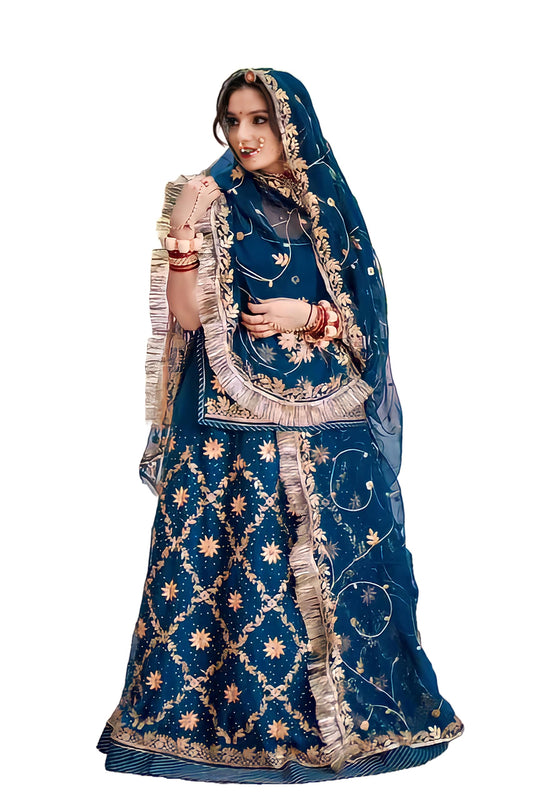 SHYAMLATA Designer Heavy Embroidery Work Shimmer Silk Semi-stitched Rajputi Poshak For Women Rajasthani Lehenga Choli (teal)