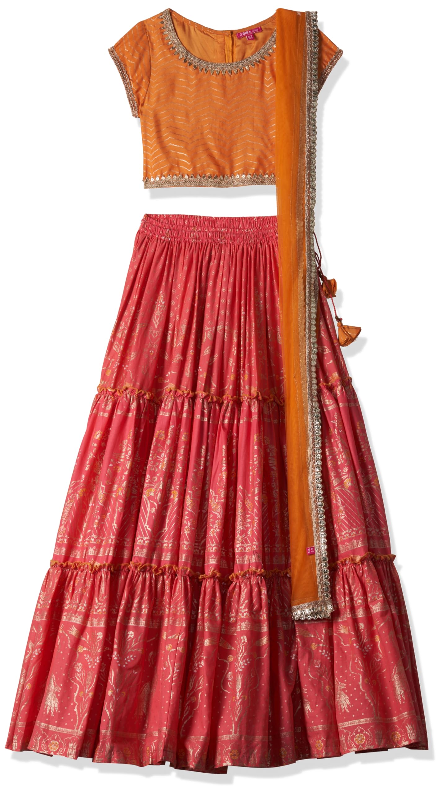 BIBA Girls Orange & Coral Art Silk Lehenga Set - Readymade