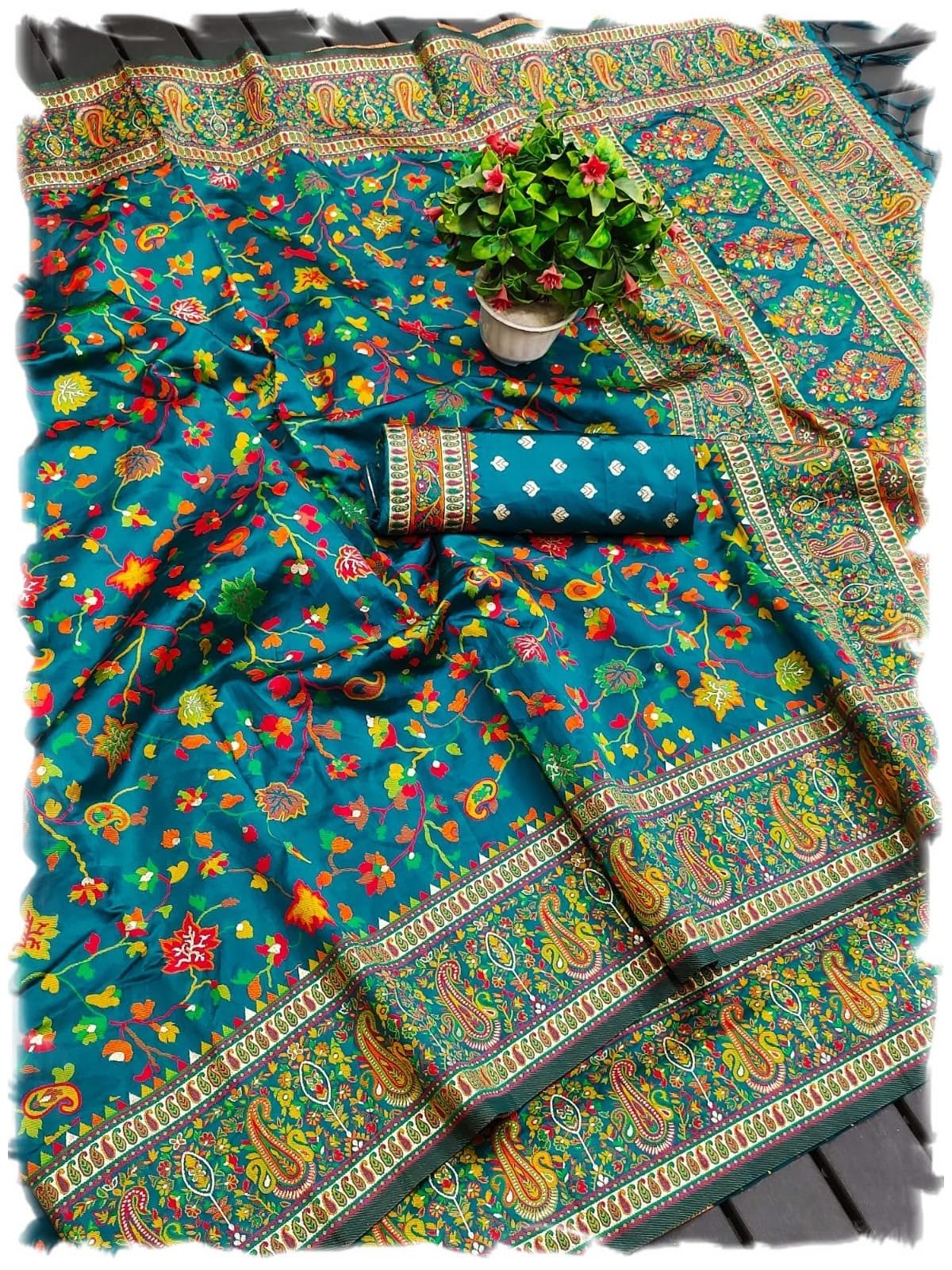 Pandadi Saree Woman's Teal Kashmiri Pashmina Silk Saree with Unstitched Blouse Piece.
