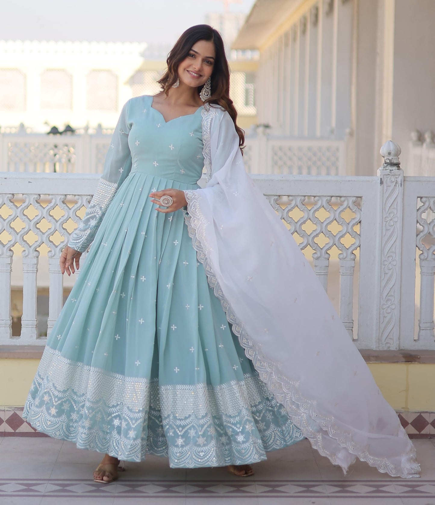Fashion Basket Blue Women's Faux Georgette Anarkali Gown with Dupatta (XX-Large)