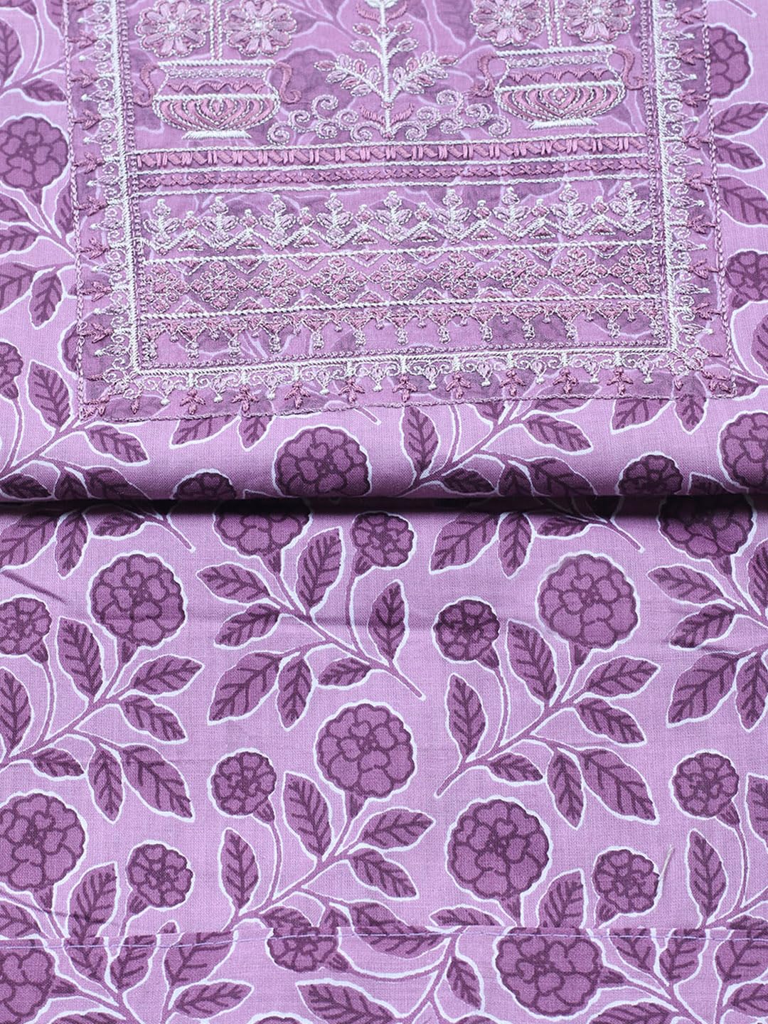 Meena Bazaar Purple Printed Cotton Blend Unstitched Suit With Pant & Dupatta