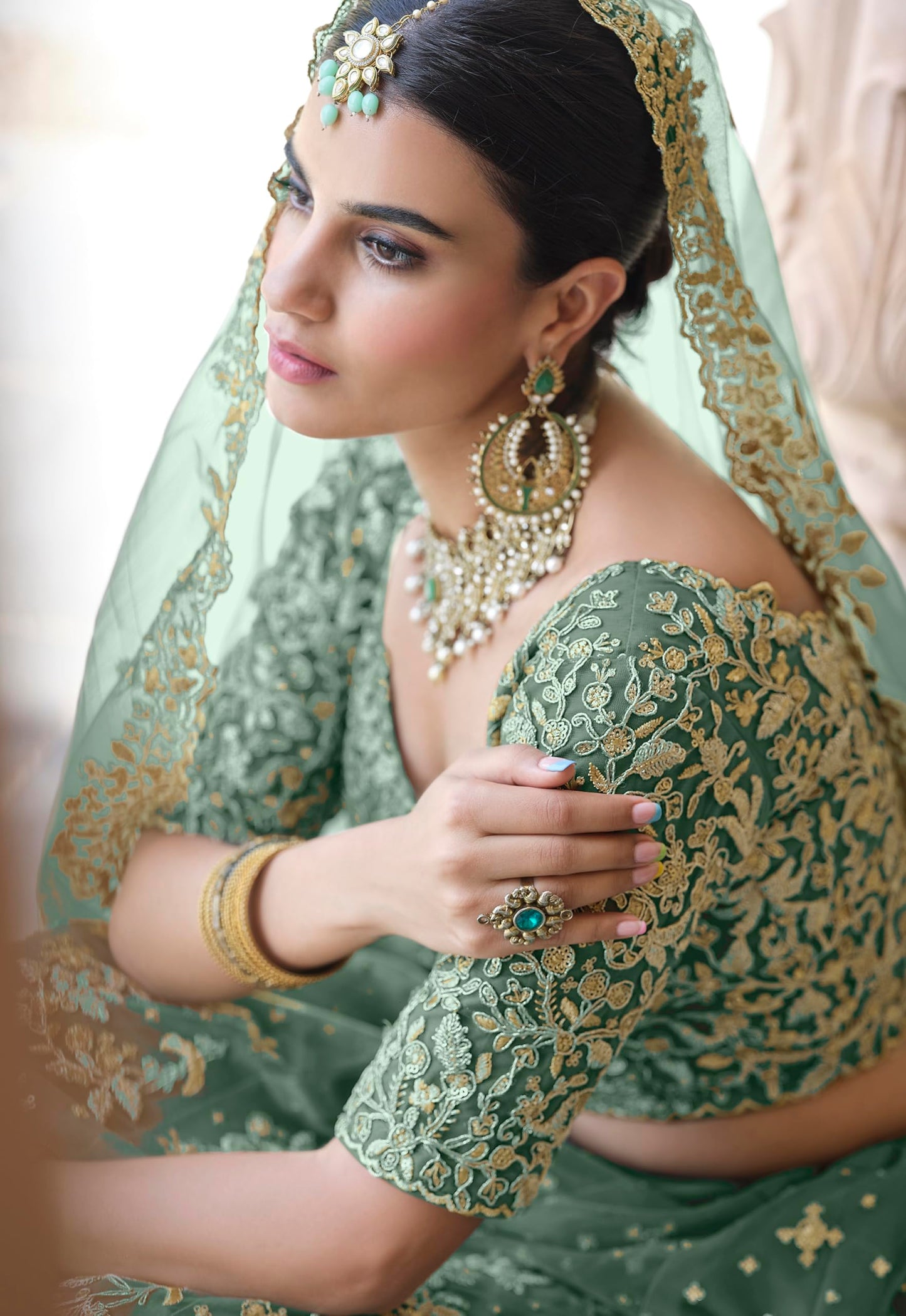 Divine Exim Women's Net Semi Stitched Lehenga Choli with Dupatta | Thread and Sequin Embroidery Pattern | Traditional, Wedding, Ethnic Wear Lehenga (Light Green)