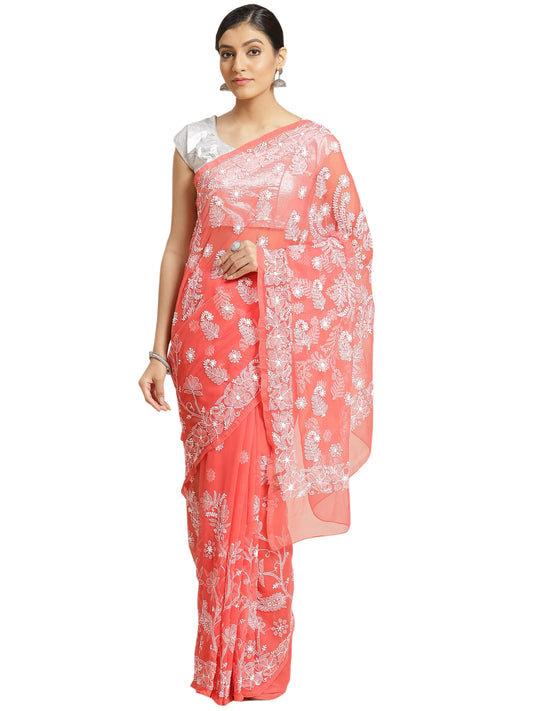 Ada Hand Embroidered Lucknowi Chikankari Work Women's Georgette Saree with Blouse Piece A204916 Carrot Pink