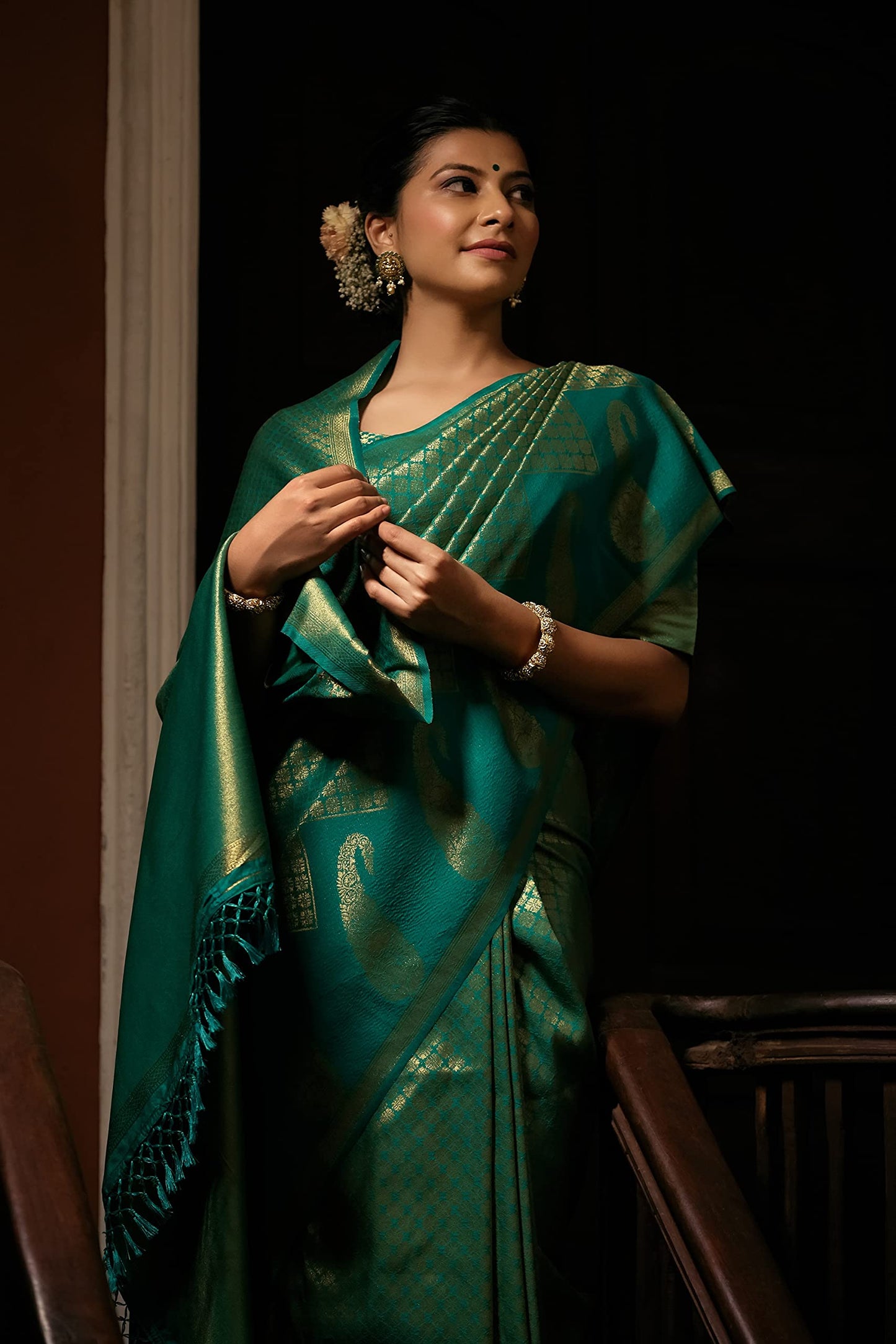 Vardha Women's Kanchipuram Art Saree (Mandakini Silk_Teal Green)