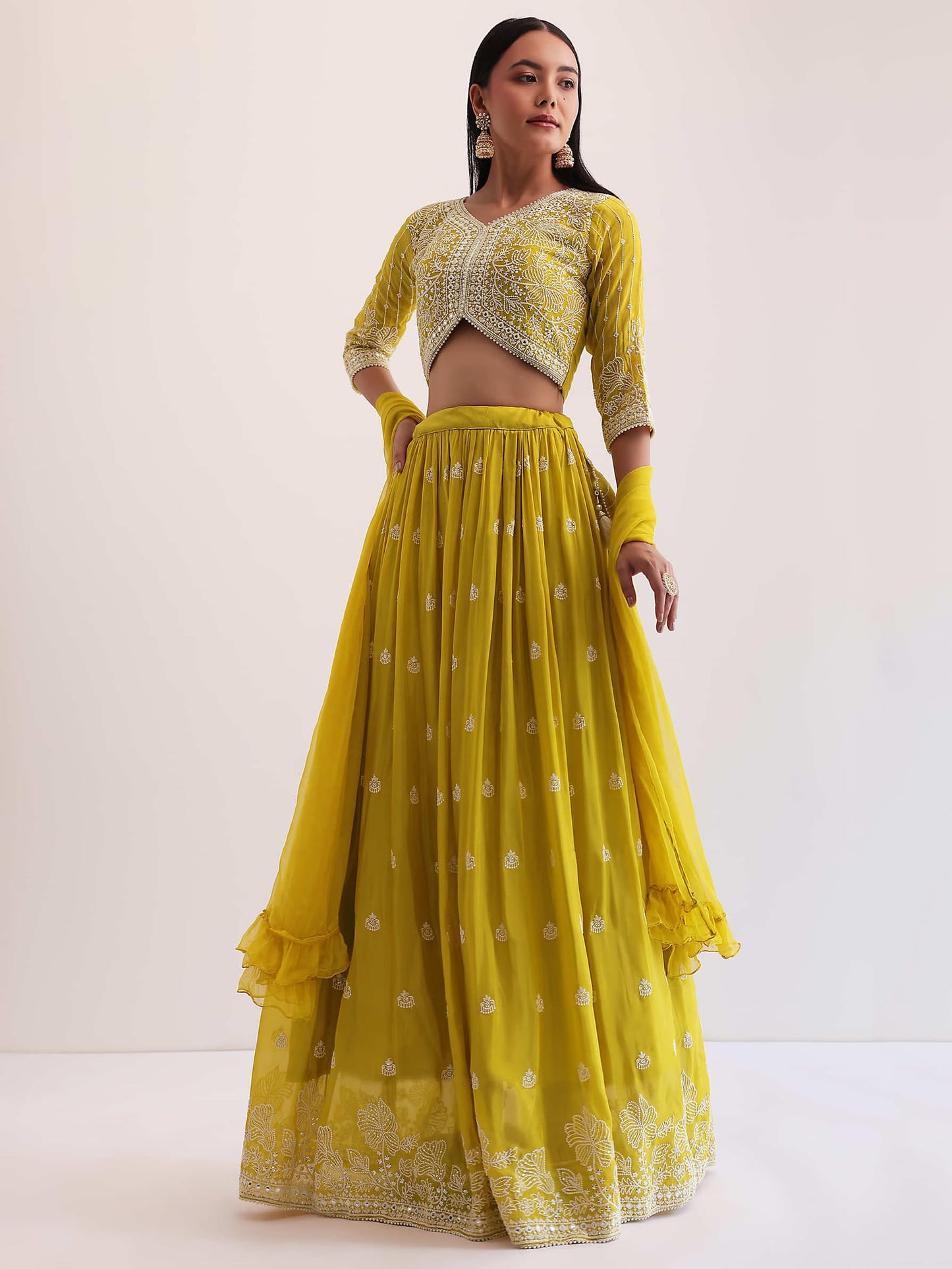 Zeel Clothing Women's Sequins Thread Embroidered Georgette Designer Semi Stitched Lehenga Choli With Dupatta (5127-Yellow-Womens-Lehenga-Choli-Latest; Free Size) (Yellow)