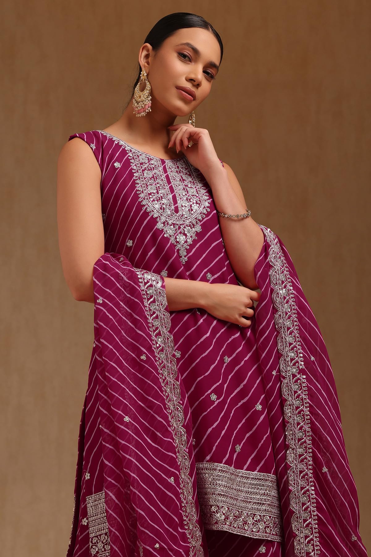 Soch Womens Fuchsia Georgette Sequin Embellished Salwar Suit