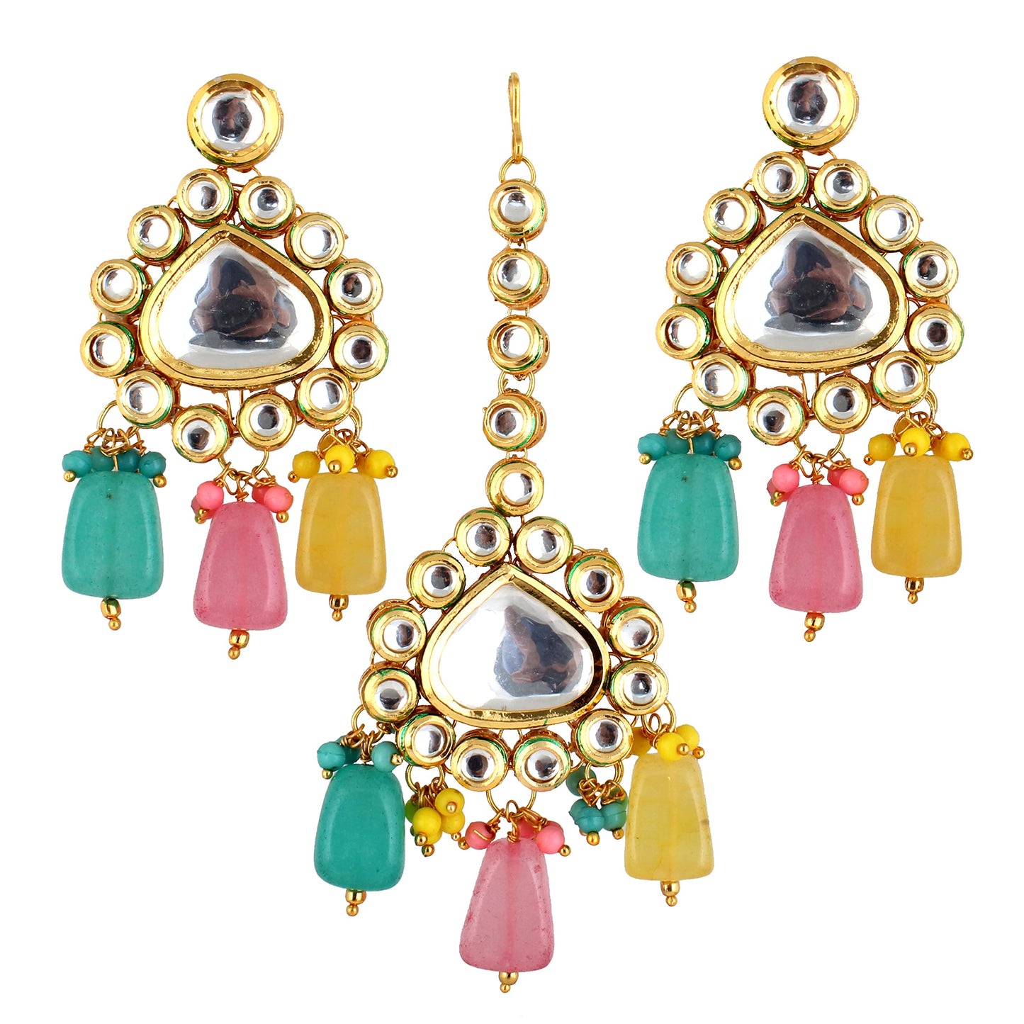 Lucky Jewellery Back Meenakari 18k Gold Plated MultiColor Tika Earring Combo Jewellery Set Uncut Kundan Big Faux Kundan Choker Necklace Set For Girl's & Women (2935-M6SK-1674-MT)