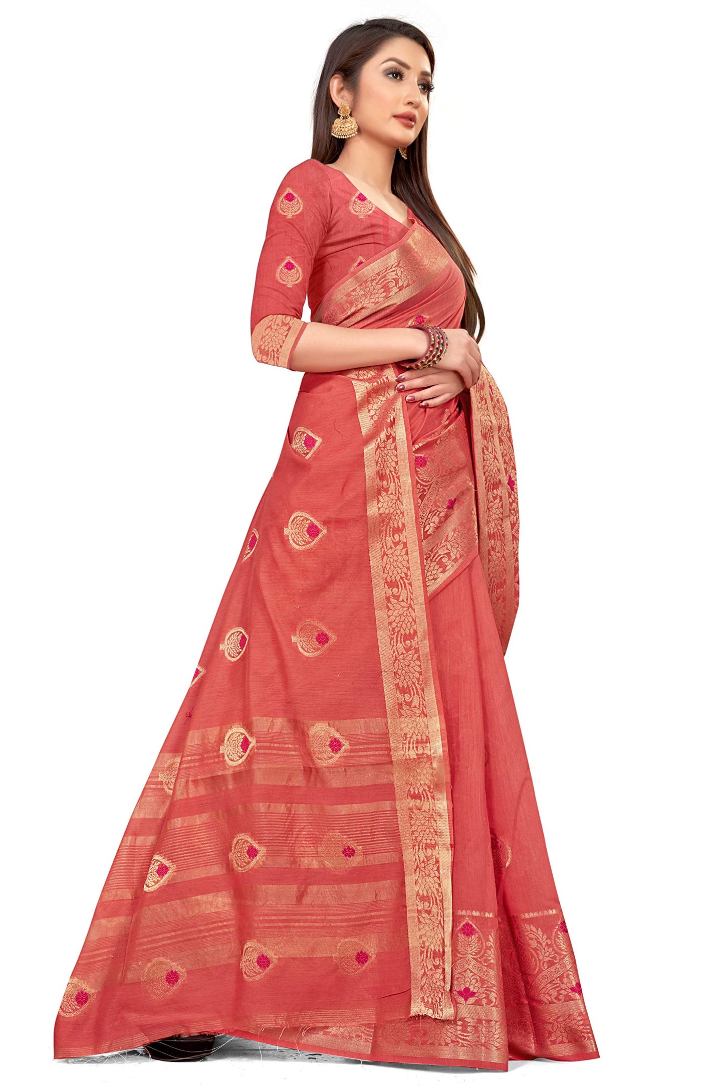 leeza store Women's Pink Cotton Linen Zari Butta Banarasi Saree With Unstitched Blouse Piece