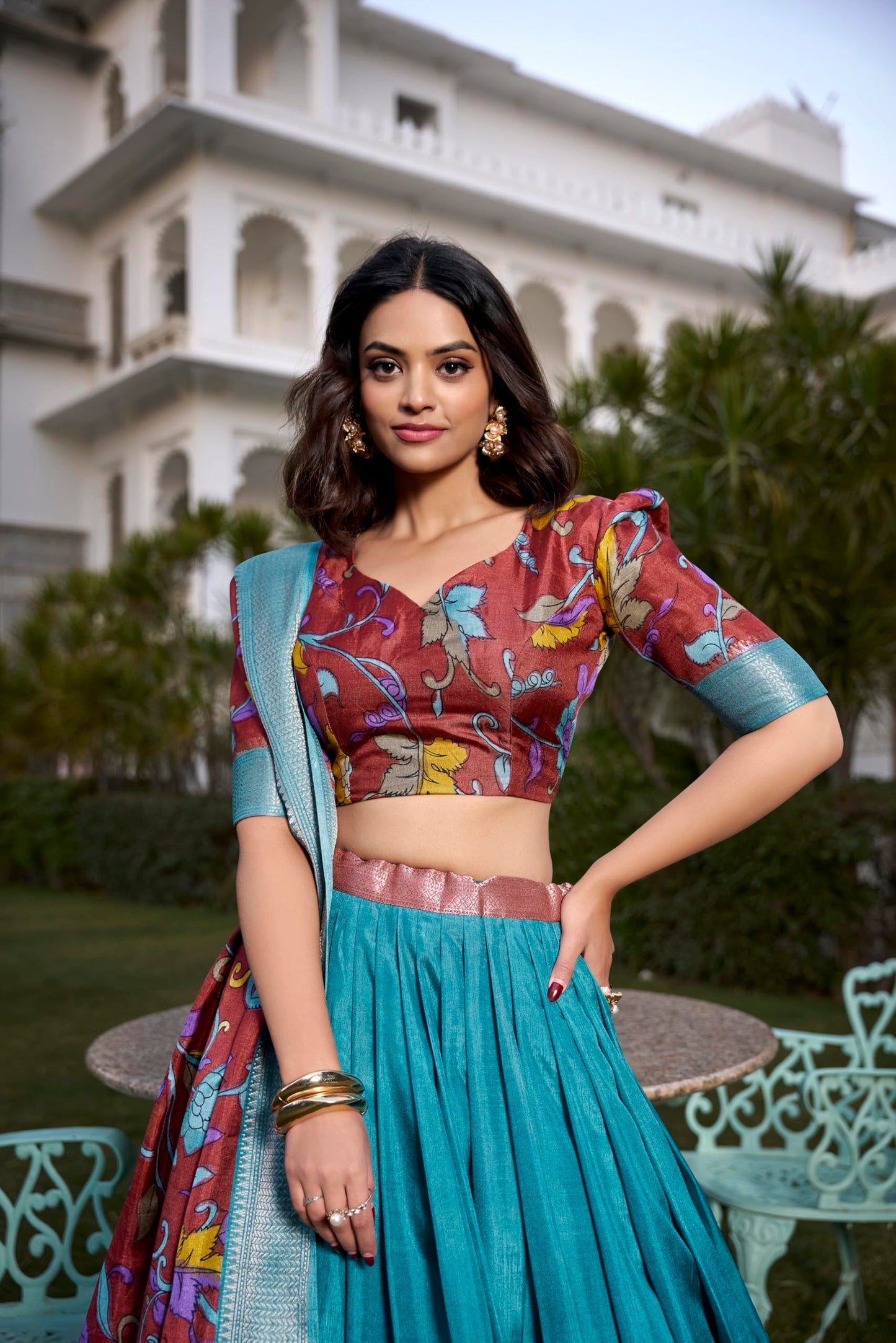 Snazzy Stitch Women's Floral Print With Foil Work Tussar Silk Lehenga Chholi Set (FIROZI)