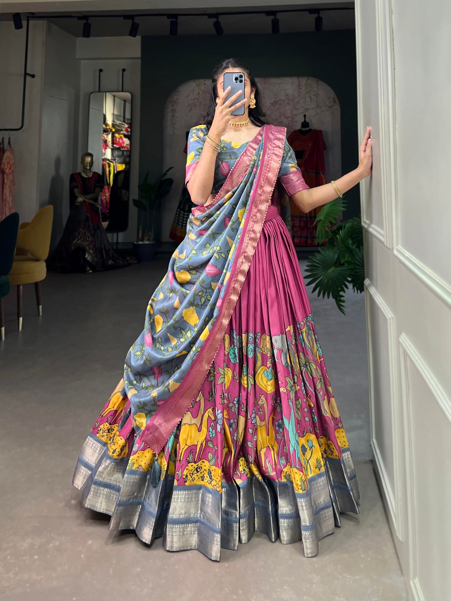 Snazzy Stitch Women's Floral & Patola Print With Foil Work Tussar Silk Ethnic wear Tassels and Zip Closuer Readymade Lehenga Choli With Dupatta (PINK)