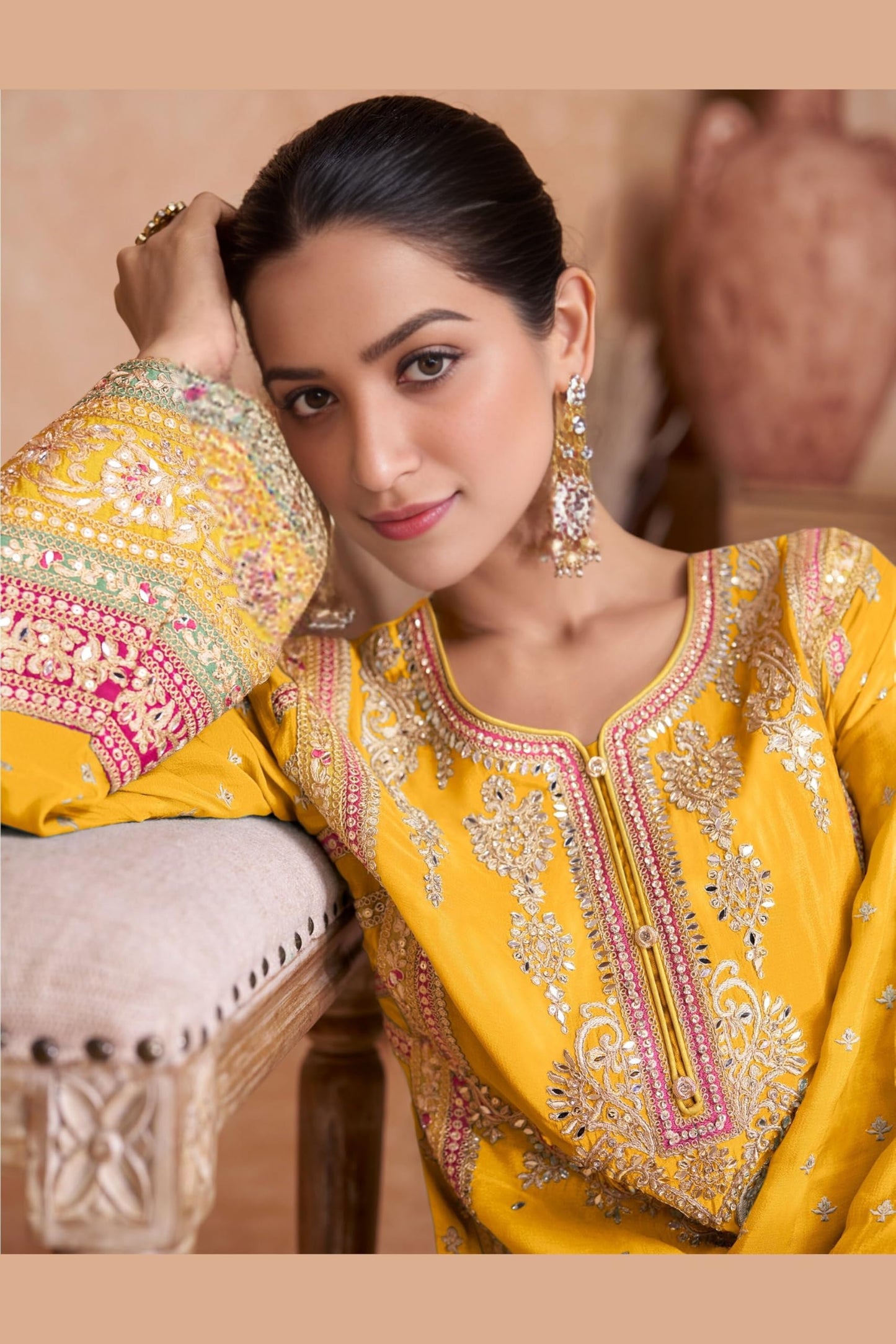 Miss Ethnik Women Chinon Stitched Top with Bottom and Chinon Dupatta Full Sleeve Embroidered Straight Kurta Set(ME-1140-Yellow-4XL)