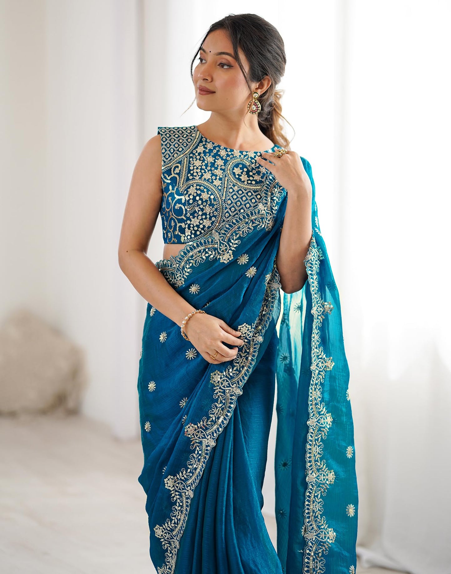 SIRIL Women's Sequence Embroidery Chiffon Saree With Unstitched Blouse Pieces (4856S151-Blue)