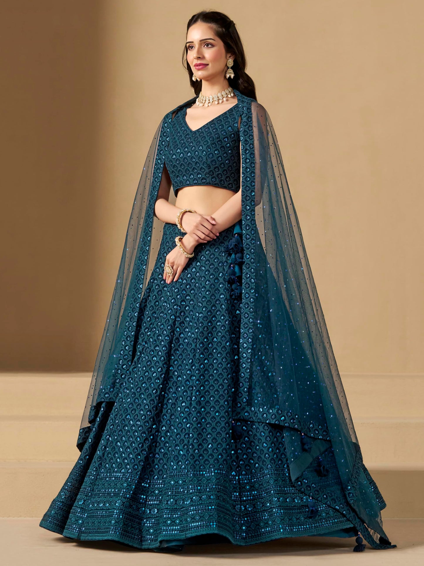 Zeel Clothing Women's Sequins Thread Embroidered Georgette Lehenga Choli With Dupatta (5124-Blue-Women-Lehenga-Choli-New; Free size) (Blue)